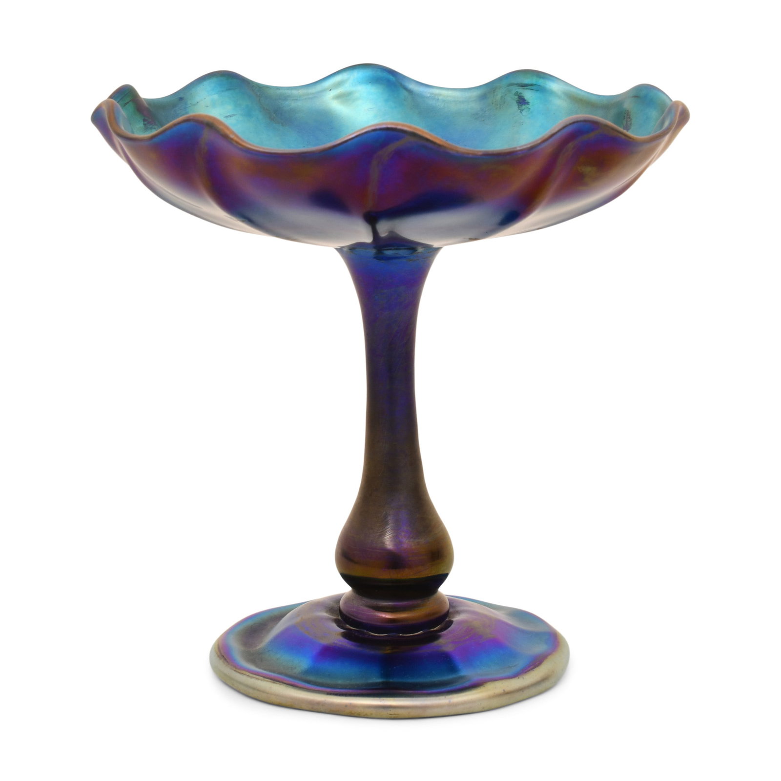 Tiffany Studios Blue Favrile Glass Compote: Tiffany Studios Compote circa 1910 blue favrile glass engraved "L.C.T. Favrile" 6 x 6 inches Provenance: Private Collection, California Other Notes: Fontaine's Auction Gallery can arrange shipping
