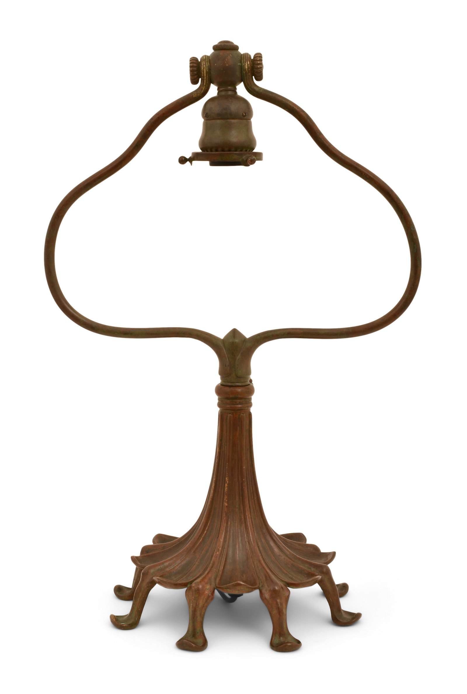 Tiffany Studios Adjustable "Harp" Desk Lamp Base: Tiffany Studios Adjustable "Harp" Desk Lamp Base circa 1910 patinated bronze base impressed "Tiffany Studios, New York, 470" 19 1/2 x 12 1/2 x 9 inches Provenance: Private Collection, California Ot