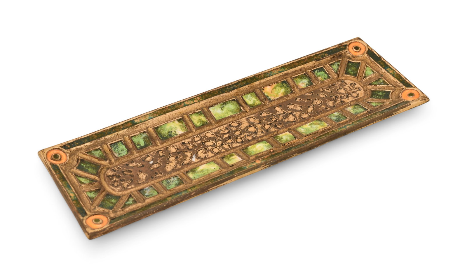 Tiffany Furnaces "Art Deco" Pen Tray: Tiffany Furnaces "Art Deco" Pen Tray early 20th century gilt bronze, enamel impressed "Louis C. Tiffany Furnaces, Inc. / 352 / (monogram)" 9 x 3 inches Provenance: Property from a Massachusetts Collec