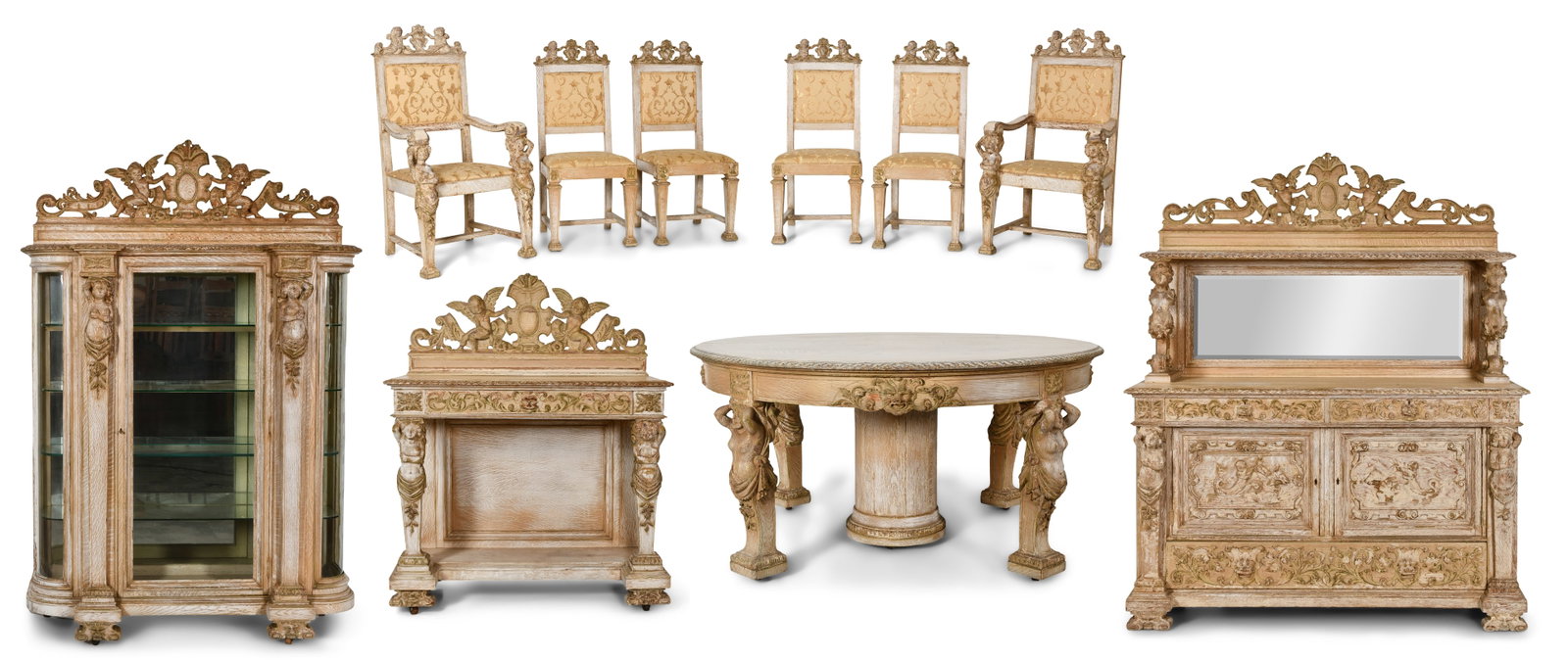 R.J. Horner & Co. Ten-Piece Dining Room Set: R.J. Horner & Co. (New York, 1886-1915) Ten-Piece Dining Room Set circa 1890 carved and painted oak comprising a table, china cabinet, server, sideboard and six chairs 30 1/2 x 60 inches (table) 57 x