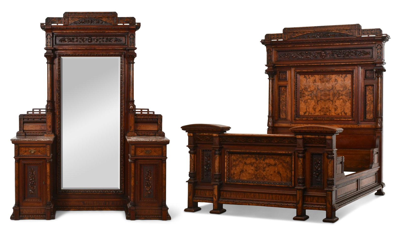 American Eastlake Burl Walnut Two-Piece Bedroom Set (1 of 18)