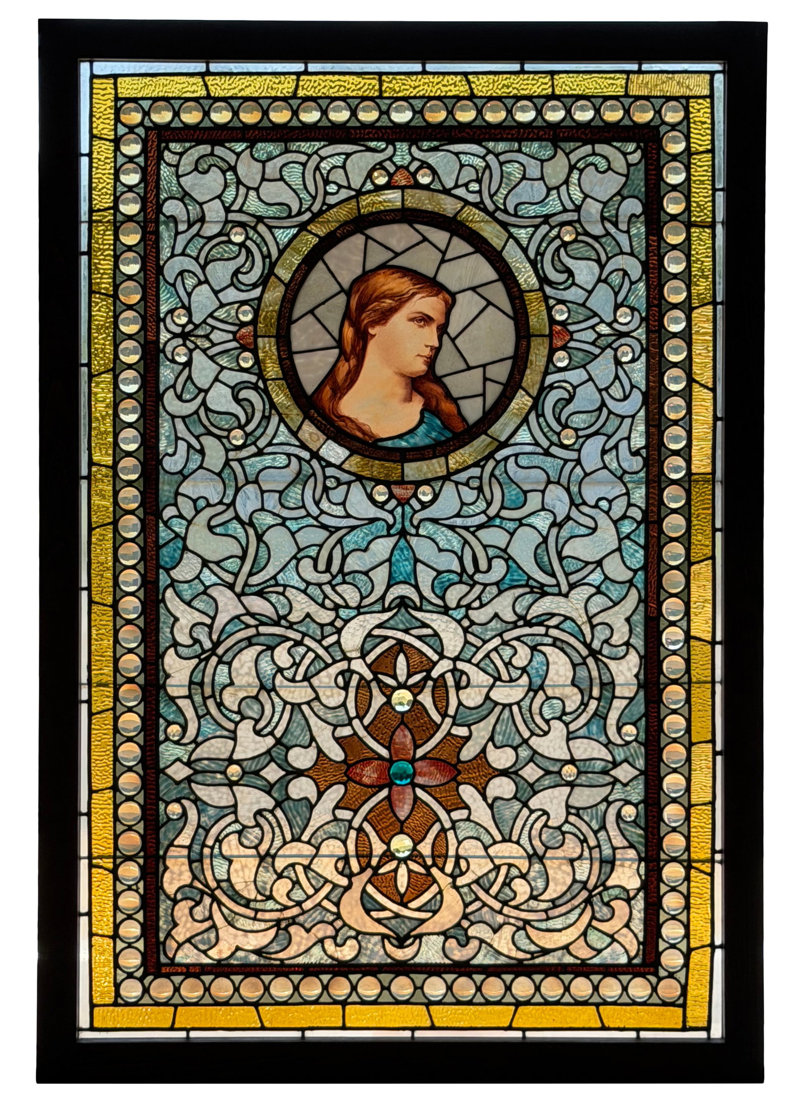 American Jeweled & leaded Glass Window with Medallion Portrait of a Woman (1 of 6)