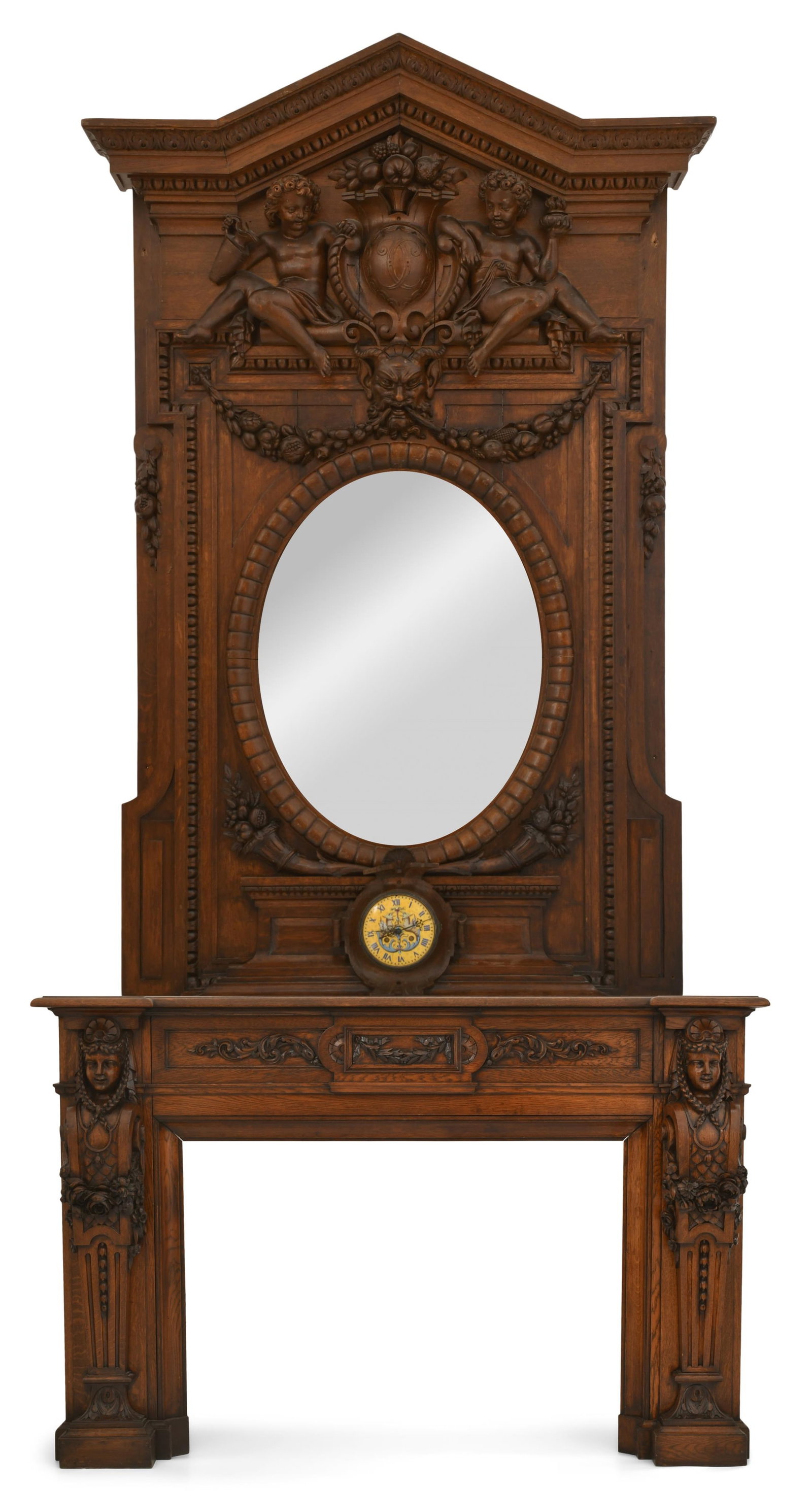 A Monumental American Figural Carved Oak Fireplace Mantel: A Monumental American Figural Carved Oak Fireplace Mantel circa 1885 125 1/2 in. high (overall) 43 1/2 x 63 1/2 x 15 inches (bottom) 82 x 49 inches (top)