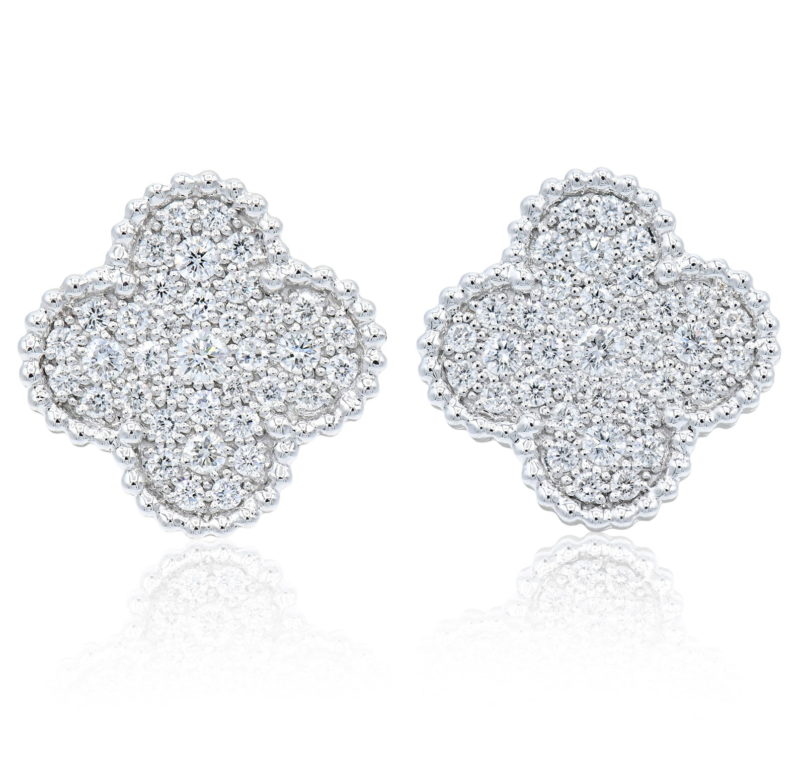 Van Cleef & Arpels 18K White Gold Alhambra Diamond Earrings: Van Cleef & Arpels 18K White Gold Alhambra Diamond Earrings • set with round brilliant diamonds weighing a total of 0.99 carats • serial number: JE980909 • 5/8 inch (length) • 