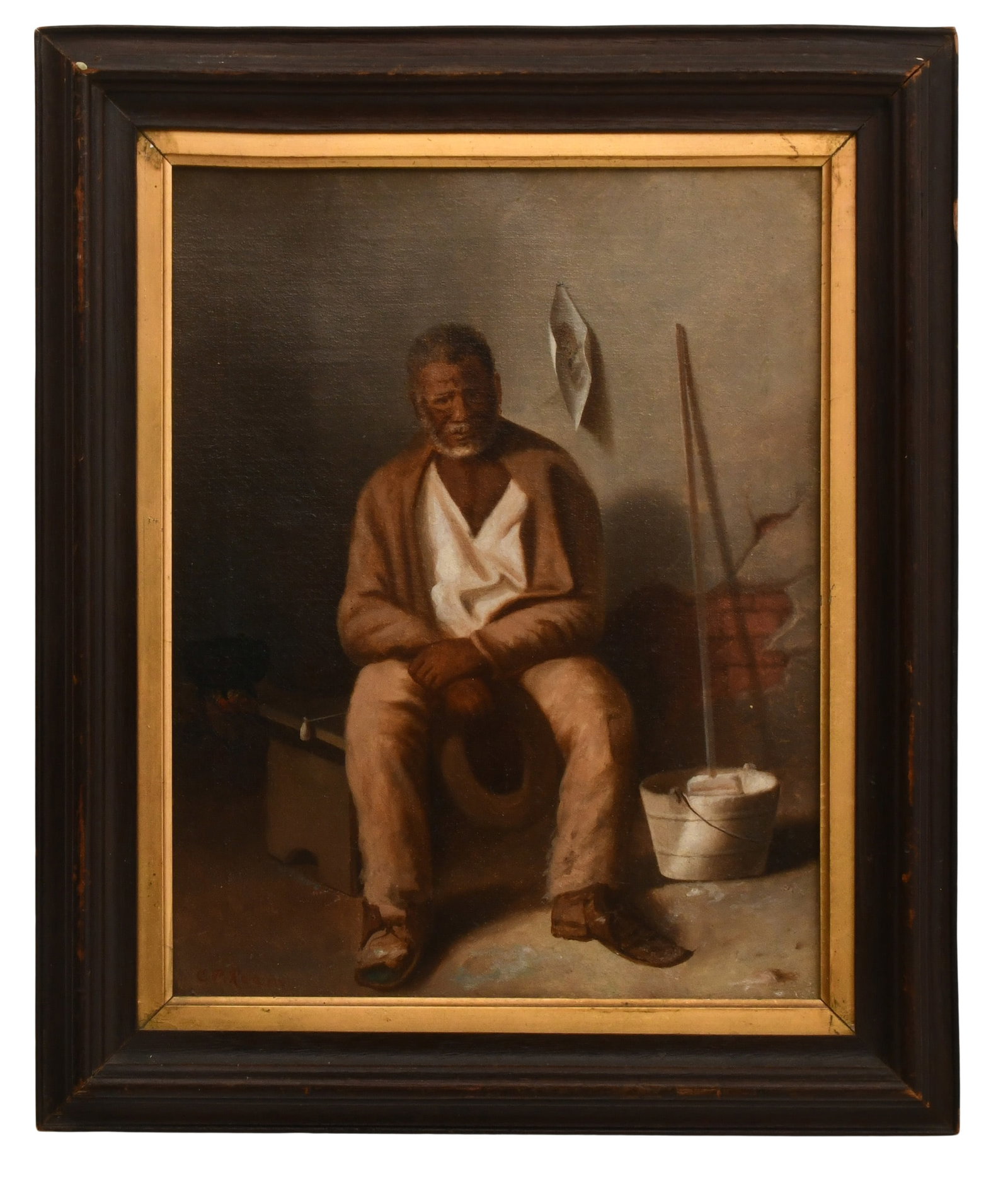 Carducius Plantagenet Ream (American, 1837-1917), Interior Scene of a Seated Man Next to a Mop: Carducius Plantagenet Ream (American, 1837-1917) Interior Scene of a Seated Man Next to a Mop oil on canvas signed lower left 15 x 12 inches (canvas) 19 1/2 x 16 inches (frame) Provenance: Private