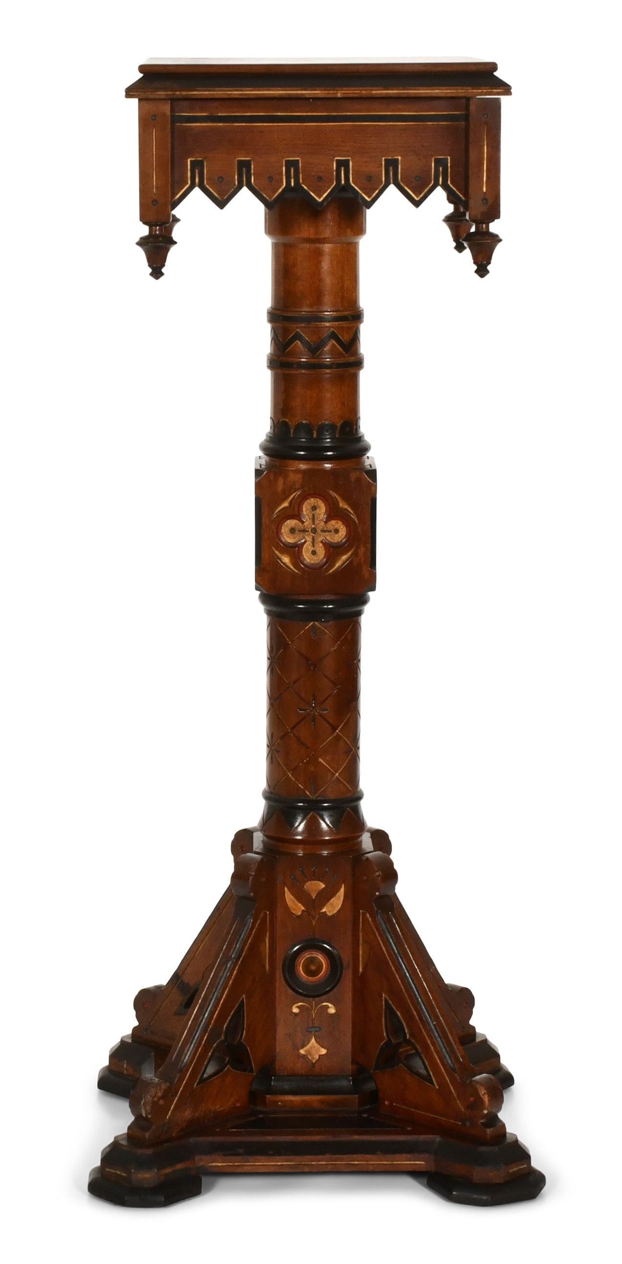 Kimbel and Cabus (New York, 1862-1882), Modern Gothic Pedestal: Kimbel and Cabus (New York, 1862-1882) Modern Gothic Pedestal with Lift Top circa 1875 walnut, gilt incising, ebonized wood, painted highlights, glass 41 x 16 x 16 inches Provenance: Property from a N