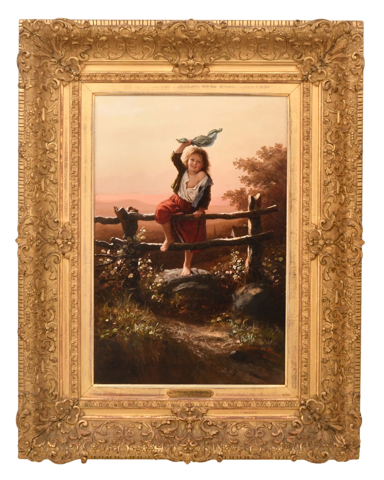 Johann Georg Meyer von Bremen (German, 1813-1886), "Watching for Papa": Johann Georg Meyer von Bremen (German, 1813-1886) "Watching for Papa" oil on canvas signed, inscribed and dated "Meyer von Bremen, Berlin, 18180" (lower right) 22 x 15 inches (canvas) 34 x 26 inches (