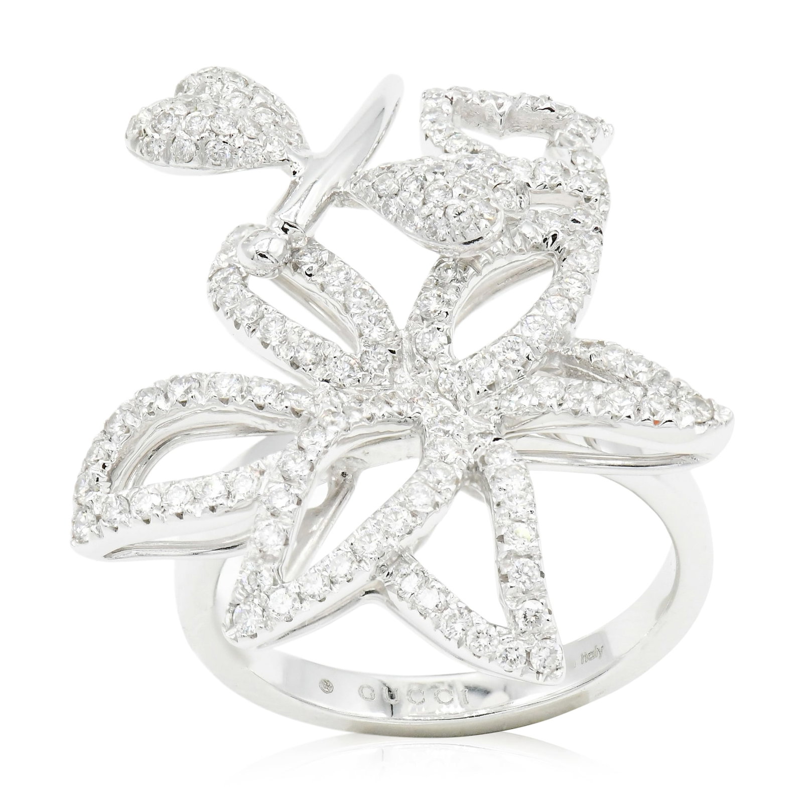 A Rare Gucci 18K White Gold Diamond Floral Ring With Dragonfly: A Rare Gucci 18K White Gold Diamond Floral Ring With Dragonfly • set with round brilliant diamonds weighing a total of 0.97 carats • numbered: 15 • made in Italy • 7 1/4 (ring 