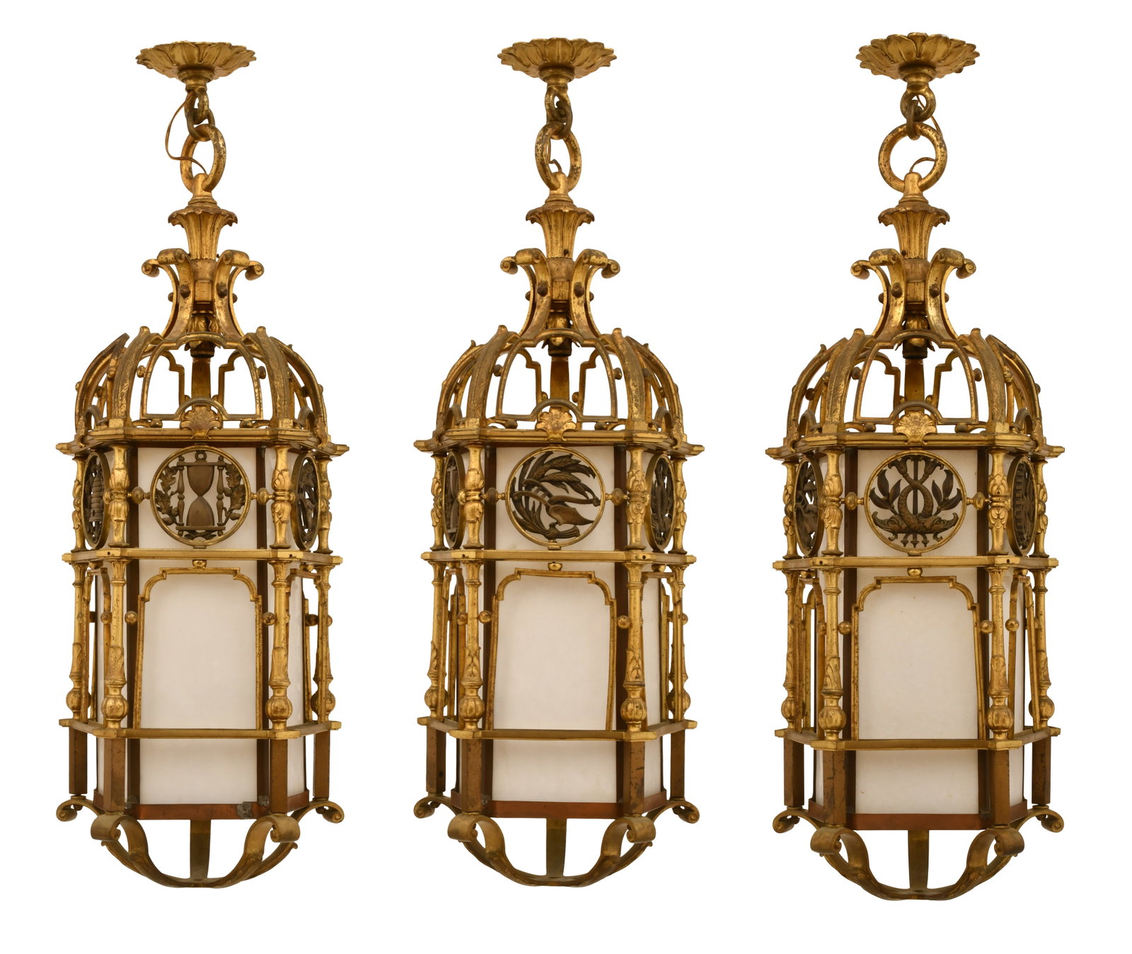 A Set of Three Large American Gilt Bronze & Glass Lanterns: A Set of Three Large American Gilt Bronze & Glass Lanterns early 20th century 42 x 14 inches Provenance: Private Collection, New York