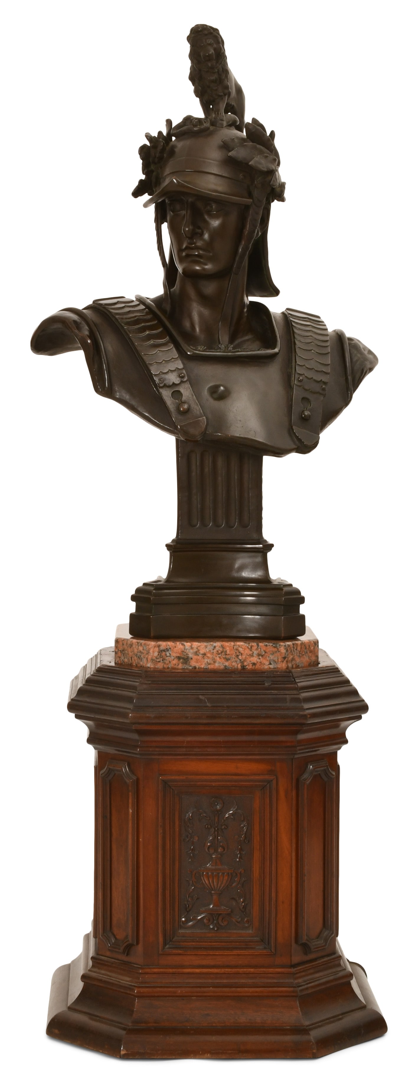 A Large Grand Tour Bronze Sculpture of a Roman Soldier on a Carved Wood Base: A Large Grand Tour Bronze Sculpture of a Roman Soldier on a Carved Wood Base 19th century 64 x 23 x 16 inches (overall) Provenance: Private Collection, Florida