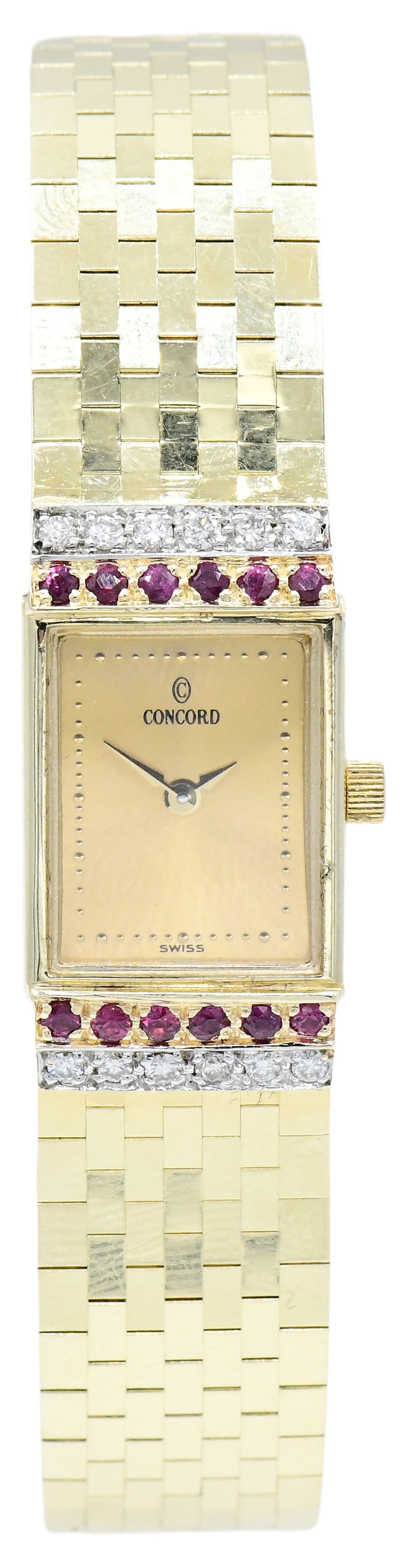 Concord 14K Yellow Gold, Diamond & Ruby Ladies Wristwatch: Concord 14K Yellow Gold, Diamond & Ruby Ladies Wristwatch Case: 14K yellow gold, 27 x 15 mm, No. C101 ; 2362670 ; 127088 Gemstones: round brilliant diamonds weighing a total of 0.28 carats, faceted ro