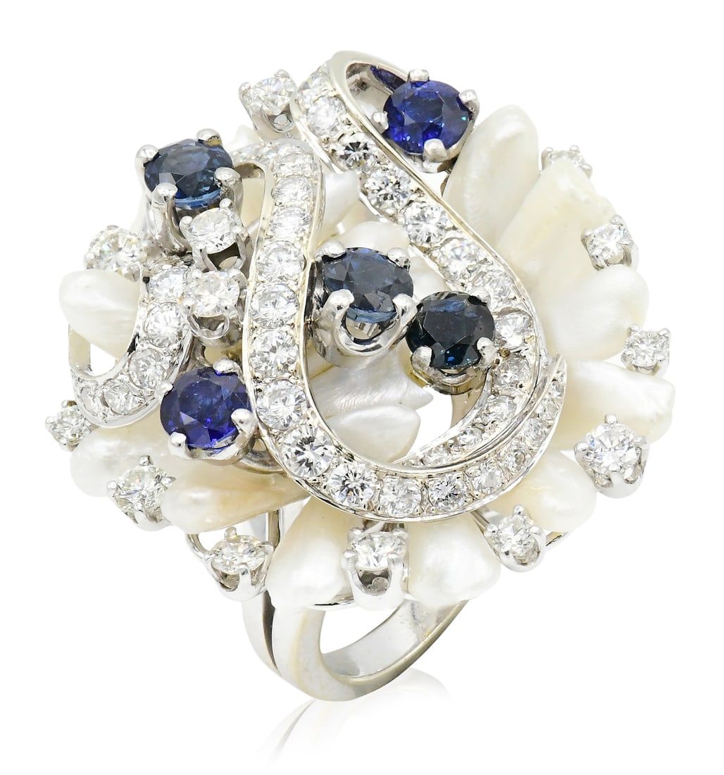 14K White Gold, Diamond, Sapphire & Baroque Pearl Cocktail Ring: 14K White Gold, Diamond, Sapphire & Baroque Pearl Cocktail Ring • set with faceted round blue sapphires weighing a total of 2.20 carats • accented by round brilliant diamonds weighing a to