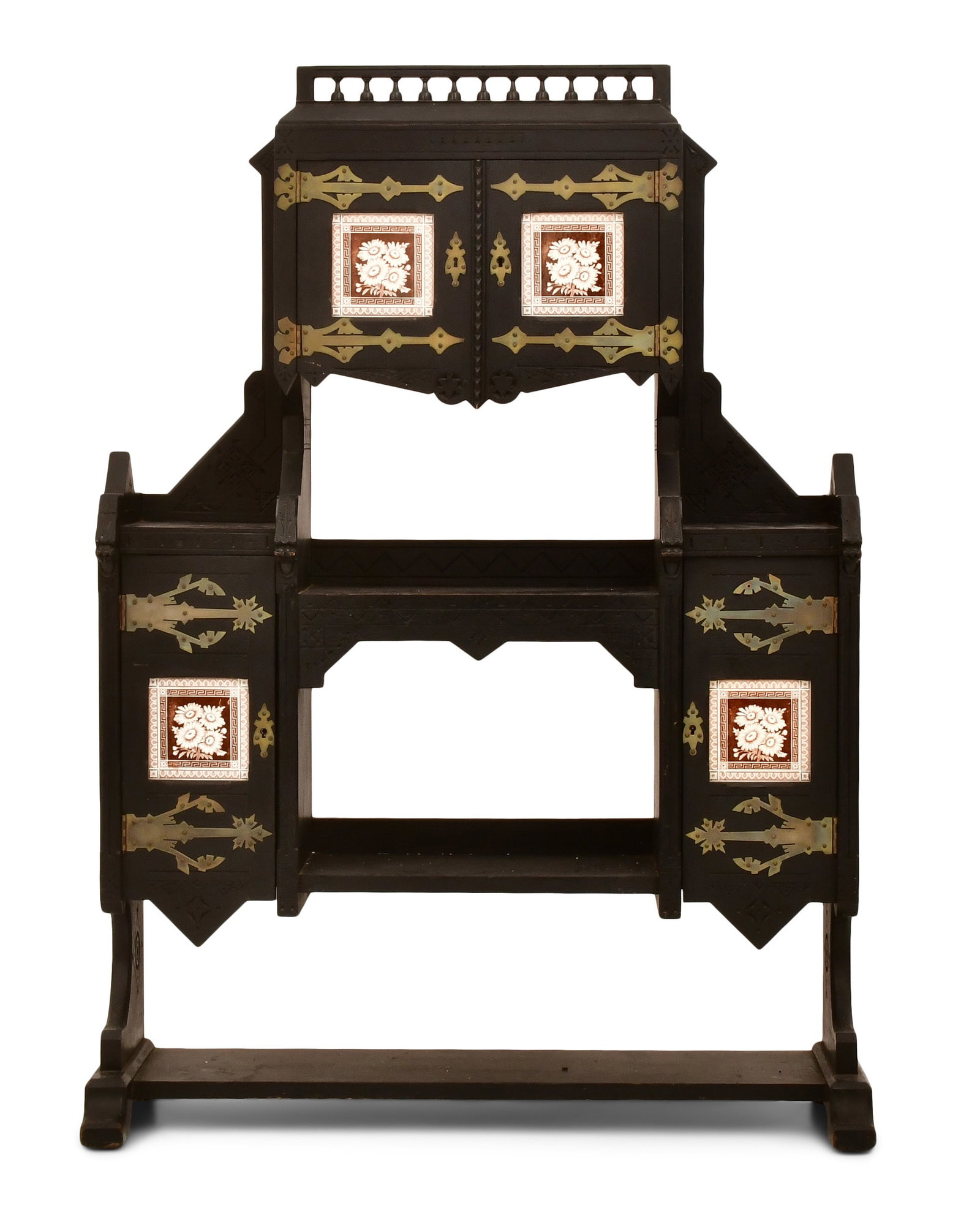 Kimbel and Cabus (New York, 1862-1882), Modern Gothic Cabinet: Kimbel and Cabus (New York, 1862-1882) Modern Gothic Cabinet circa 1875 ebonized wood, brass, earthenware 60 1/2 x 42 1/2 x 16 inches