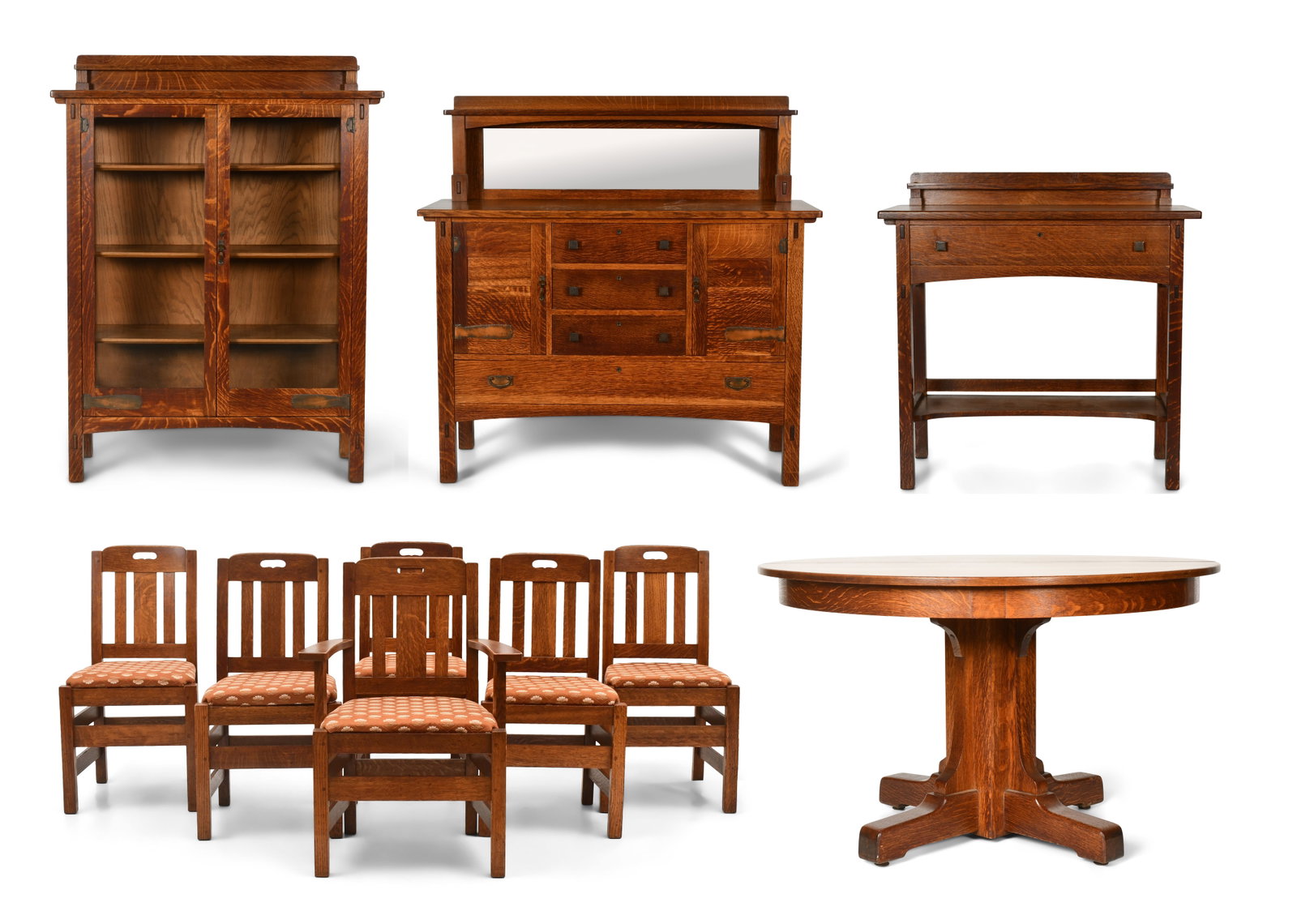 Charles P. Limbert Co. Ten-Piece Arts & Crafts Dining Set: Charles P. Limbert Co. Ten-Piece Arts & Crafts Dining Set circa 1905 oak with two leaves signed with firm's branded mark 60 x 45 x 17 inches (cabinet) 41 x 40 18 inches (server) 53 1/2 x 54 x 21 (side