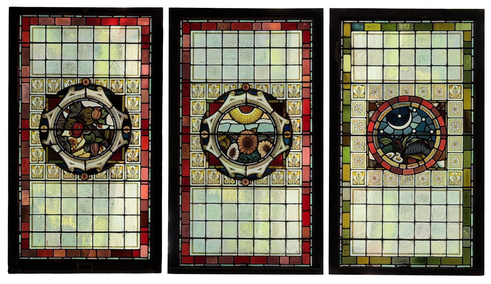 Attr. Daniel Cottier (British, 1838-1891), Set of Three Leaded Glass Windows, Twilight, Dawn and (1 of 7)