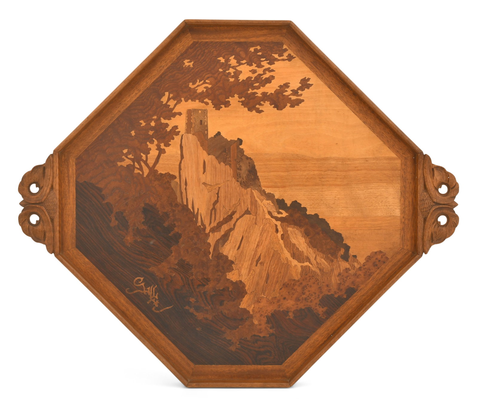 Émile Gallé (French, 1846-1904), Marquetry Tray with Castle (1 of 6)
