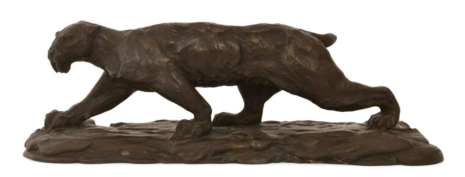 Melvin Earl Cummings (American, 1876-1936), Saber-Toothed Tiger Bronze Sculpture: Melvin Earl Cummings (American, 1876-1936) Saber-Toothed Tiger patinated bronze signed "M. Earl Cummings" 8 1/2 x 26 x 8 inches Provenance: The Estate of Steve Hohener, North Carolina