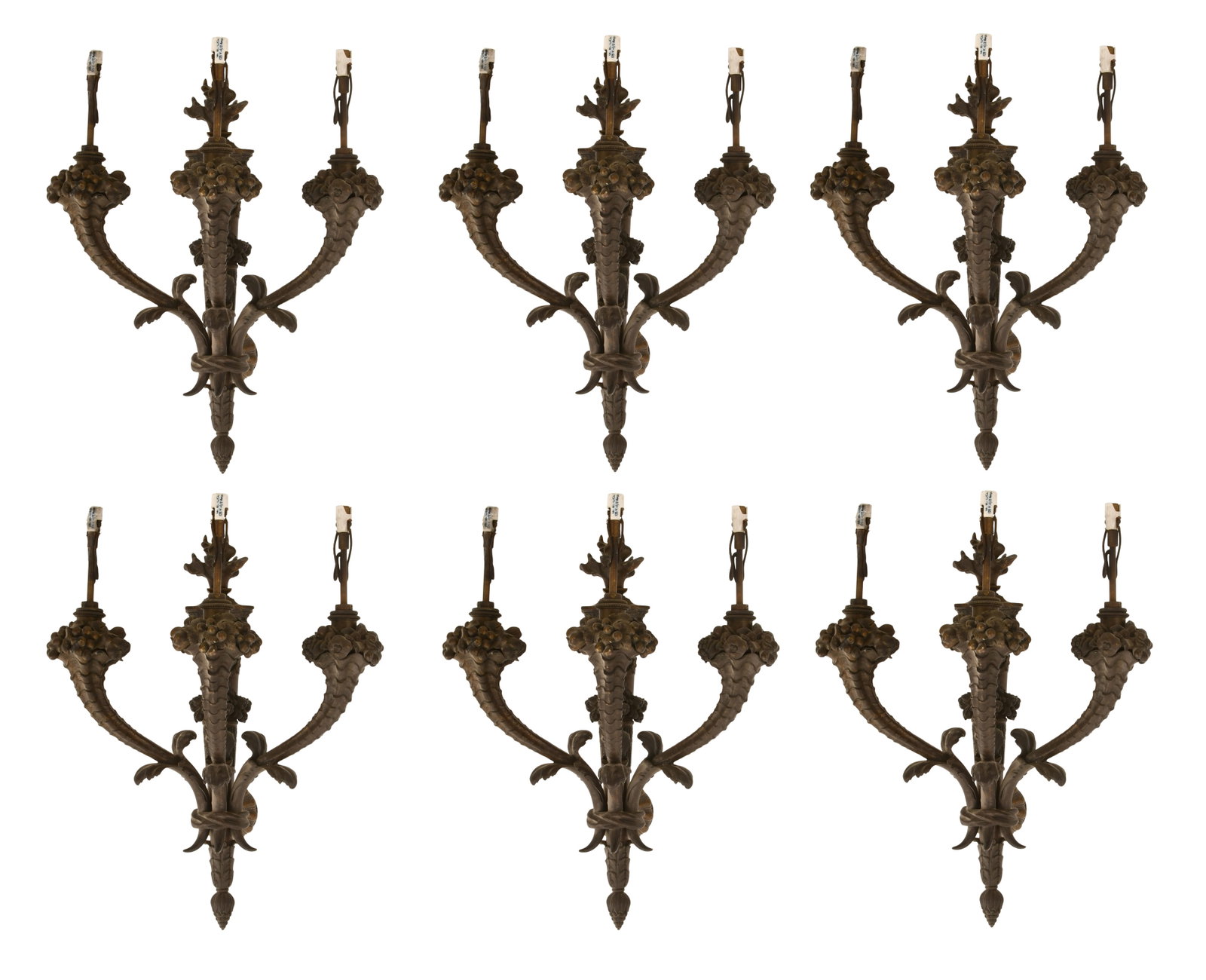 Edward F. Caldwell & Co., Set of Six Three-Light Sconces: Edward F. Caldwell & Co. Set of Six Three-Light Sconces late 19th century patinated bronze 19 1/2 x 15 x 13 inches Provenance: Private Collection, Massachusetts