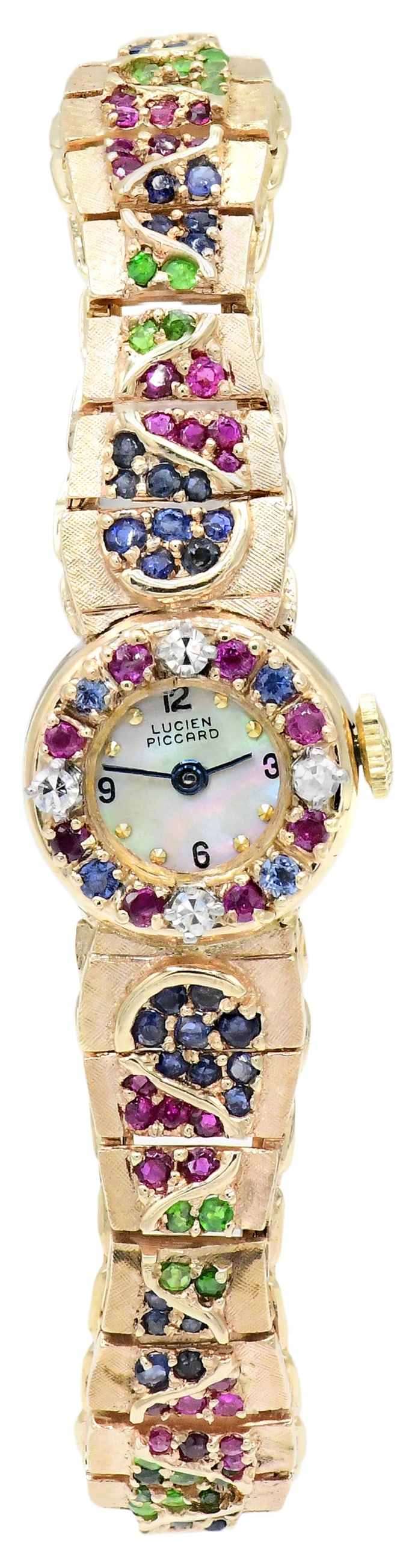 Lucien Piccard 14K Yellow Gold, Diamond & Gemstone Wristwatch: Lucien Piccard 14K Yellow Gold, Diamond & Gemstone Wristwatch Case: 14K yellow gold Case Diameter: 17mm Gemstones: set with sapphires, rubies & emeralds weighing a total of 2.56 carats, accented by si