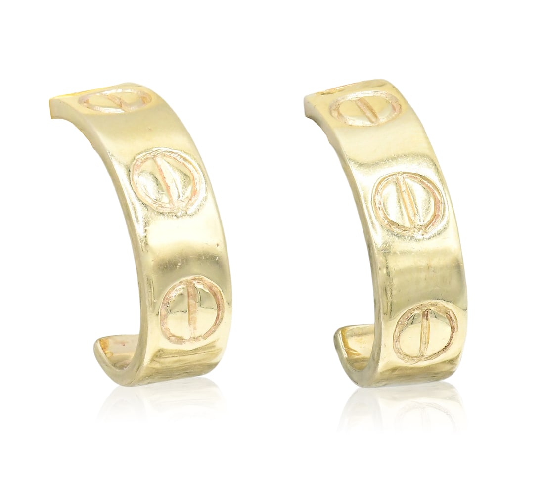 Cartier 18K Yellow Gold Love Hoop Earrings: Cartier 18K Yellow Gold Love Hoop Earrings • 3/4 inch (length) • 4.7 dwt (total weight) Provenance: Private Collection, Connecticut Other Notes: Fontaine's Auction Gallery can arrange ship