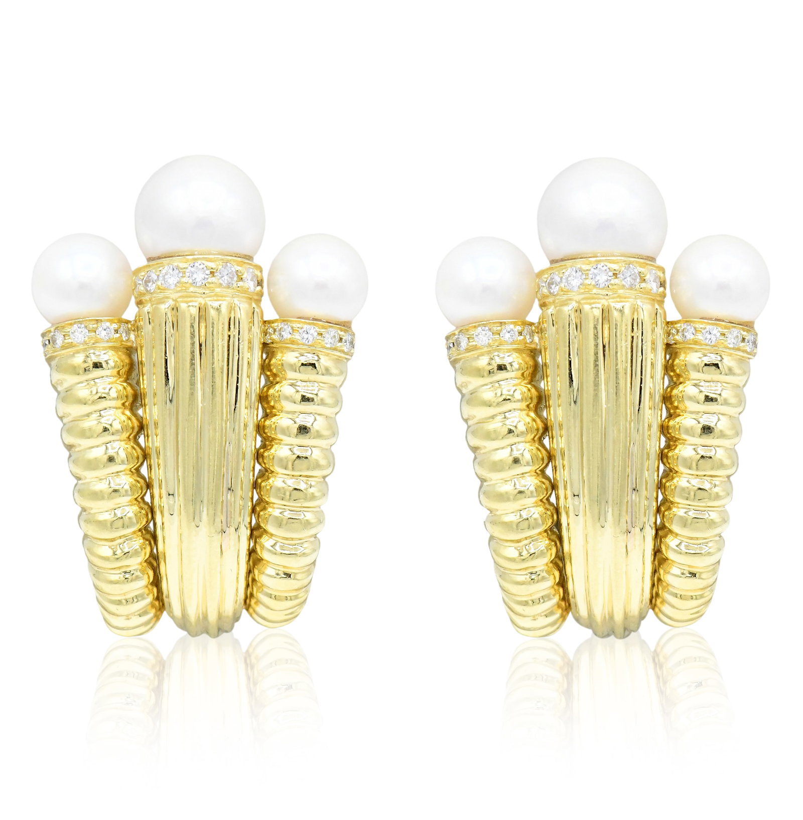18K Yellow Gold, Diamond & Pearl Earrings: 18K Yellow Gold, Diamond & Pearl Earrings • featuring cultured pearls measuring from approximately 8.90 to 6.84 mm • set with round brilliant diamonds weighing a total of 0.44 carats ̶