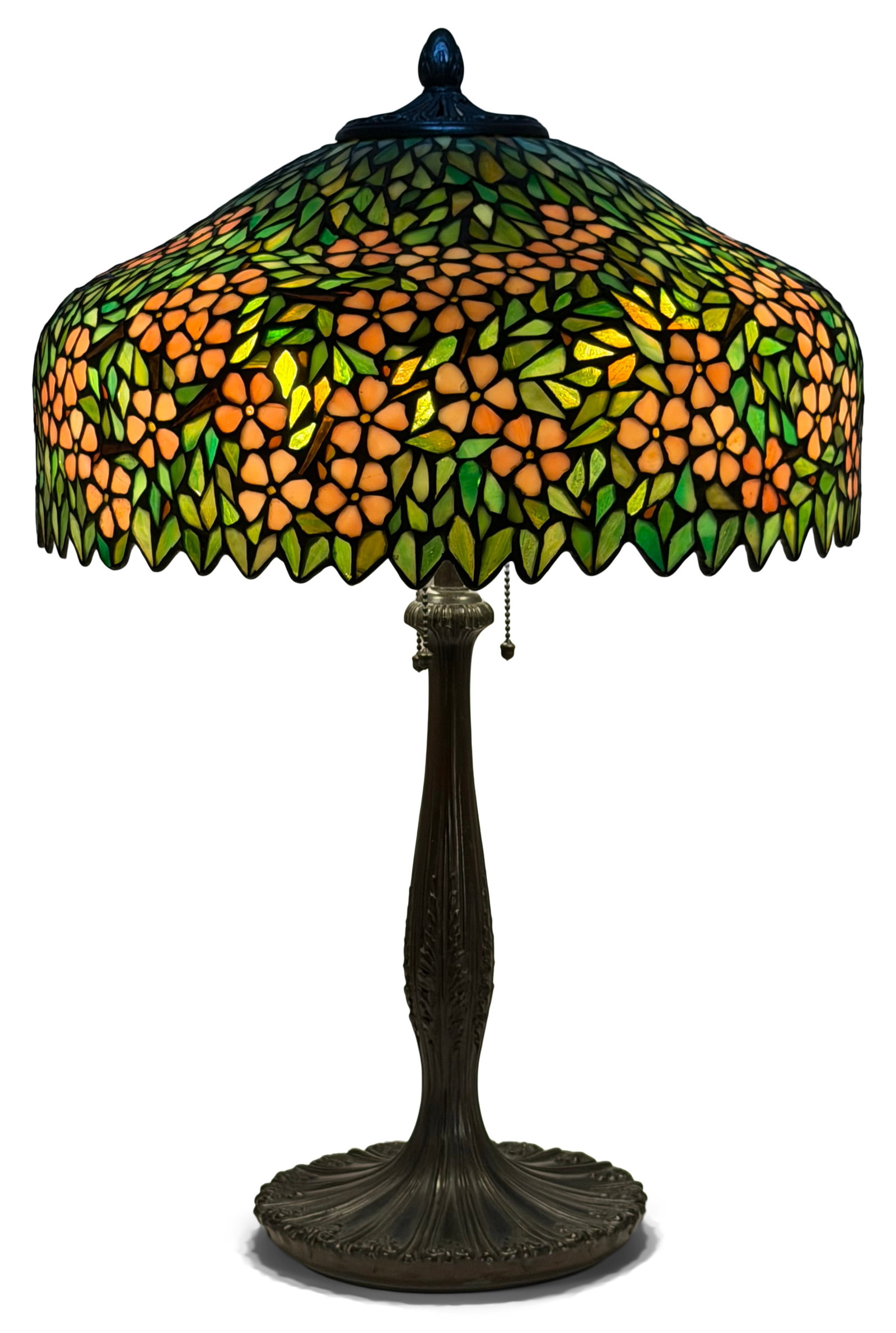 Unique Art Glass & Metal Co. "Periwinkle" Table Lamp Shade with a J.A. Whaley Base: Unique Art Glass & Metal Co. "Periwinkle" Table Lamp Shade with a J.A. Whaley Base early 20th century leaded glass, patinated metal 28 1/2 x 18 1/2 inches Provenance: Private Collection, Ohio