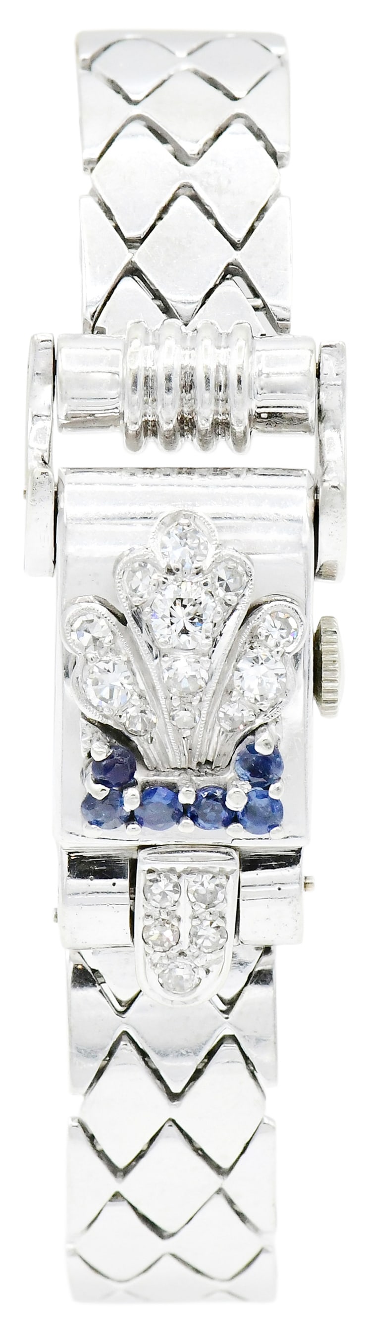 Georges Benguerel 14K White Gold, Diamond & Sapphire Bracelet Watch: Georges Benguerel 14K White Gold, Diamond & Sapphire Bracelet Watch Case: 14K white gold, 19 x 15 mm Gemstones: round brilliant and single cut diamonds weighing a total of 1.03 carats, faceted round b