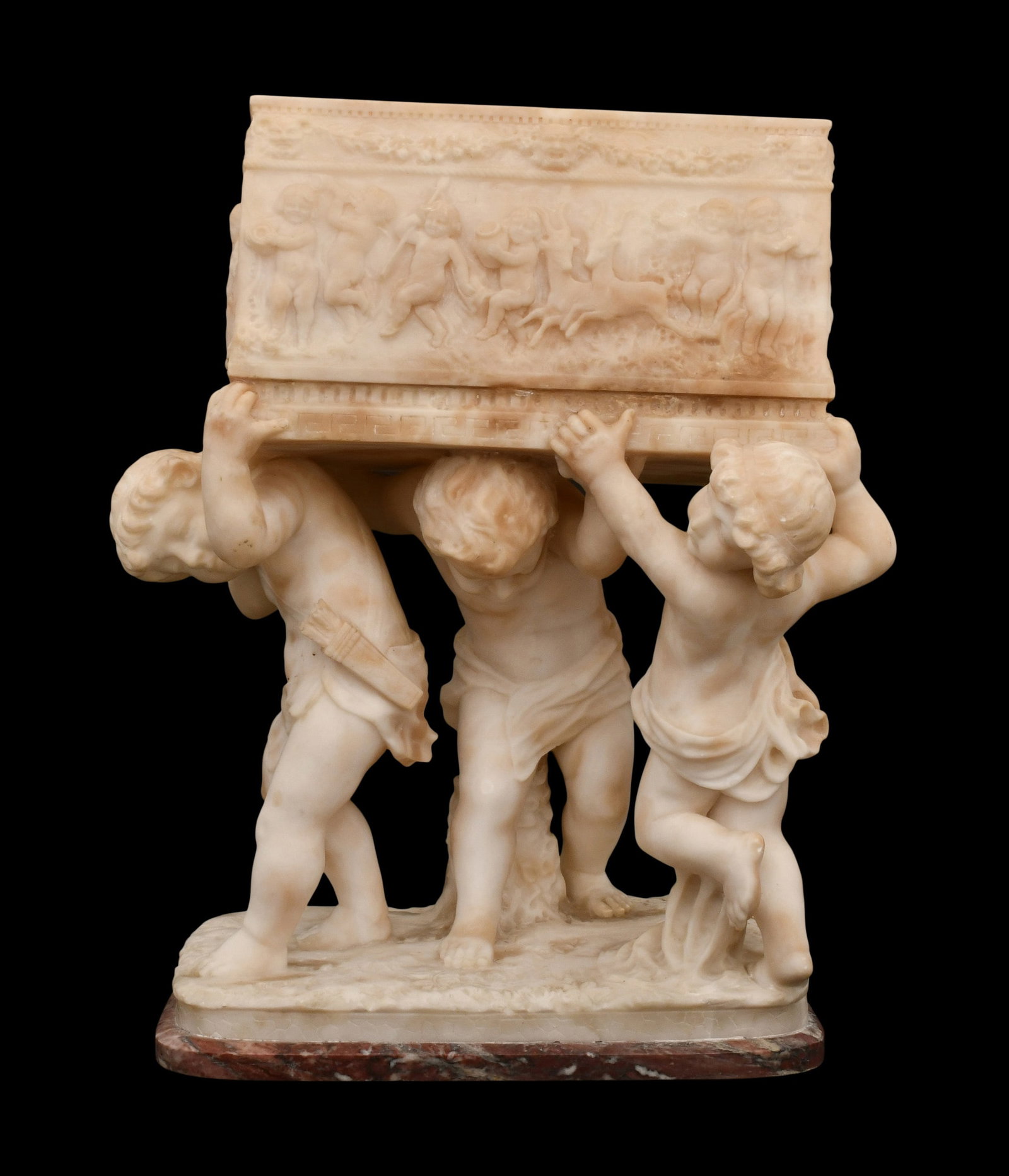 Italian Alabaster Sculpture of Putti Carrying a Cassone: Italian Alabaster Sculpture of Putti Carrying a Cassone 19th century 22 x 18 x 11 inches Provenance: Private Collection, Florida