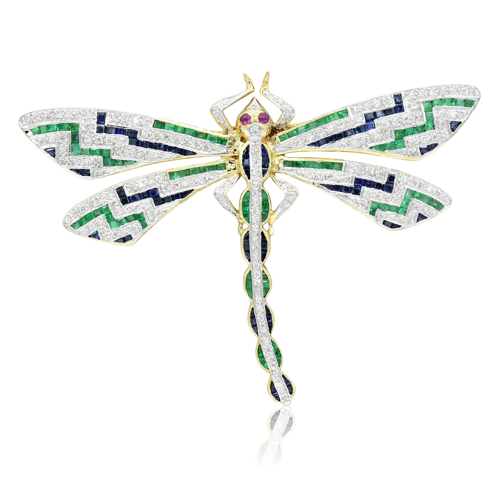 18K Yellow Gold, Diamond, Emerald, Ruby & Sapphire Dragonfly Pin: 18K Yellow Gold, Diamond, Emerald, Ruby & Sapphire Dragonfly Pin • featuring faceted square and triangular sapphires and emeralds weighing a total of 4.49 carats • set with round brilliant