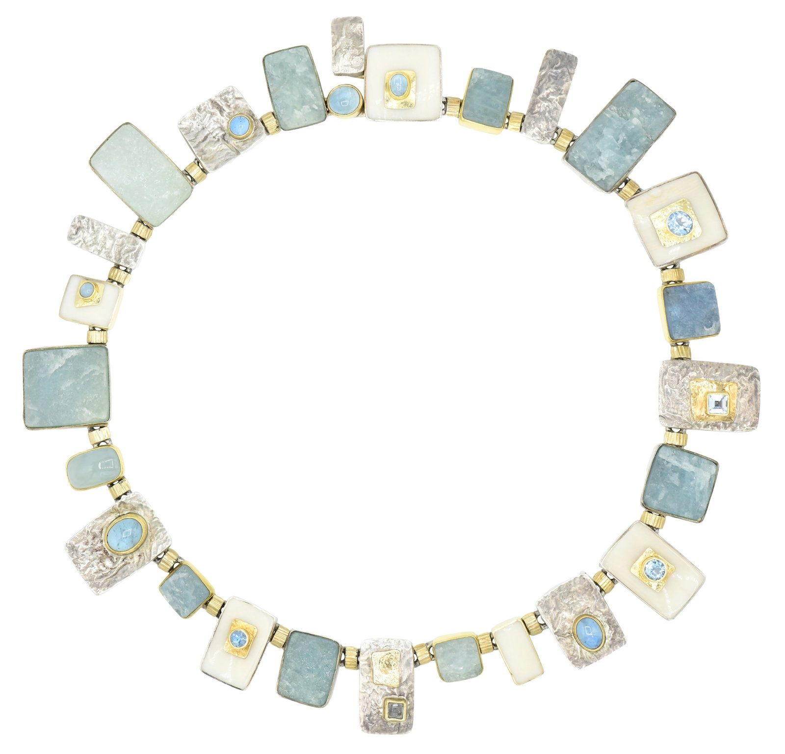 Jeff & Susan Wise 18K Yellow Gold, 22K Yellow Gold, Sterling Silver, Enamel & Gemstone Necklace: Jeff & Susan Wise 18K Yellow Gold, 22K Yellow Gold, Sterling Silver, Enamel & Gemstone Necklace • featuring white enamel, aquamarine rough, aquamarine cabochons and faceted blue topaz • si