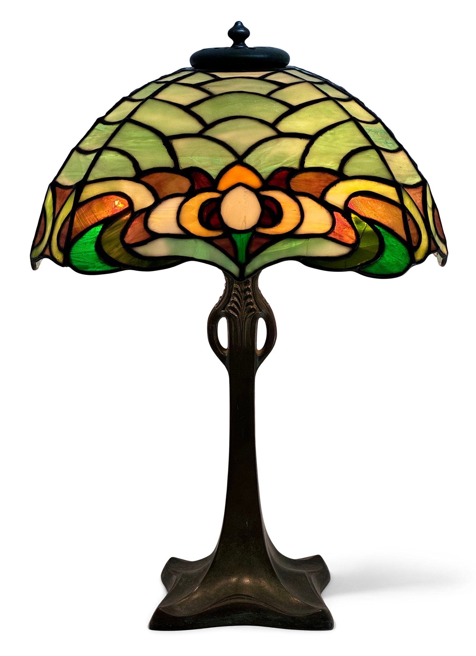 Duffner & Kimberly "Owl" Table Lamp: Duffner & Kimberly Co. (New York, est. 1905) "Owl" Table Lamp early 20th century leaded glass, patinated metal 23 x 15 x 15 inches Provenance: Property from a Northeast Collector