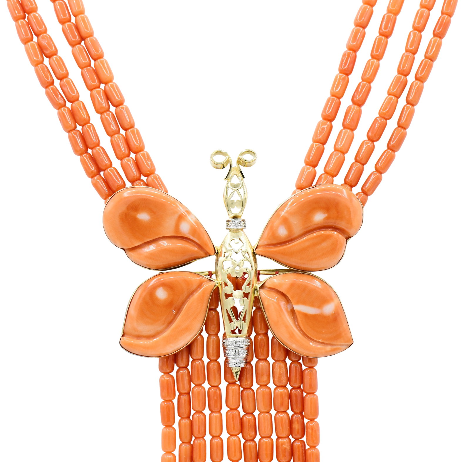 Rajola 18K Gold, Red Coral & Diamond Butterfly Necklace: Rajola 18K Gold, Red Coral & Diamond Butterfly Necklace • set with round brilliant diamonds weighing a total of 0.12 carats • 2 1/4 inches (butterfly length) • 19 1/2 inches (chain l