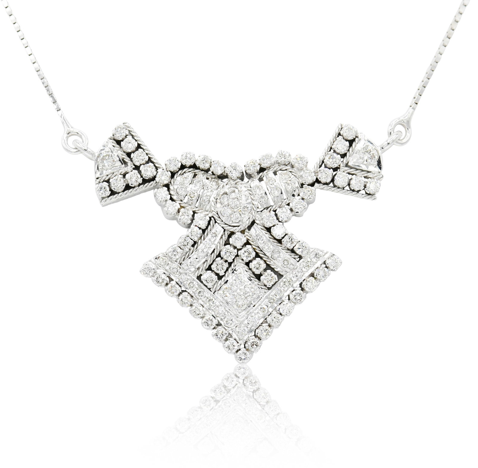 18K White Gold & 2.54 Carat Diamond Pendant Necklace: 18K White Gold & 2.54 Carat Diamond Pendant Necklace • set with round brilliant diamonds weighing a total of 2.54 carats • 14K white gold chain • 1 3/4 inches (pendant length) •