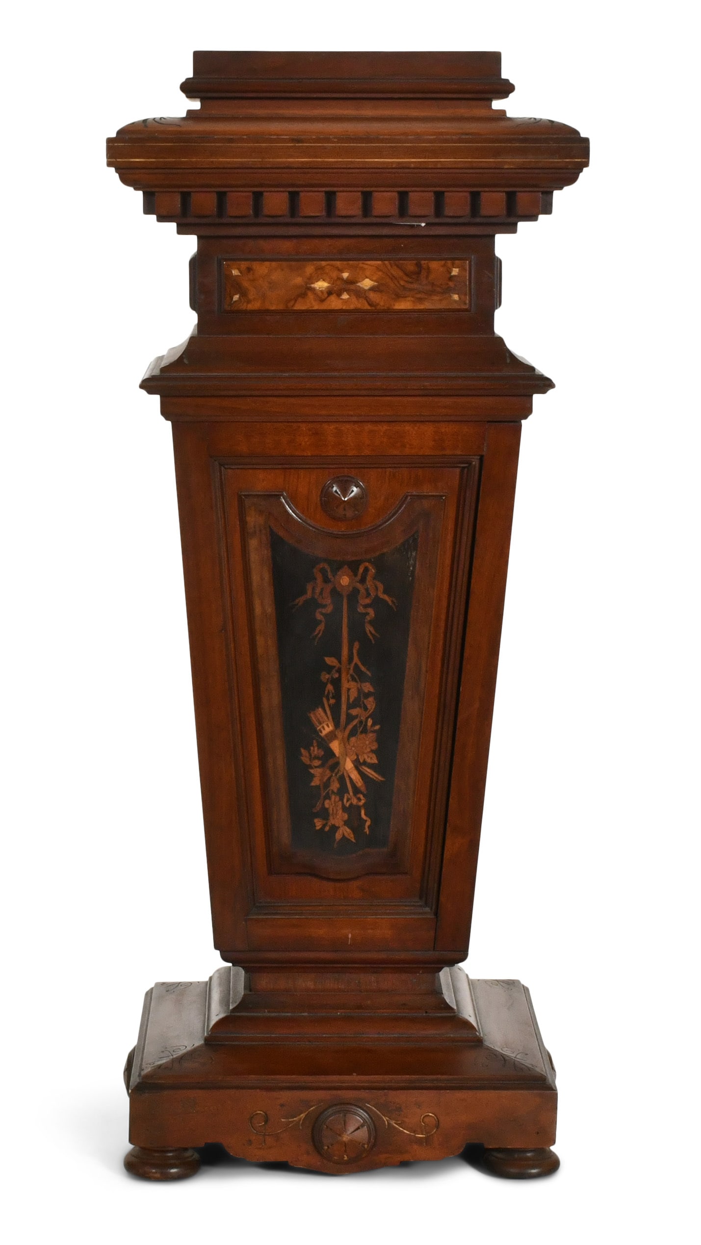American Renaissance Revival Inlaid, Ebonized, Gilt-Incised & Burl Walnut Pedestal: American Renaissance Revival Inlaid, Ebonized, Gilt-Incised & Burl Walnut Pedestal circa 1870 42 x 17 1/2 x 15 1/2 inches Provenance: Property from a Northeast Collector