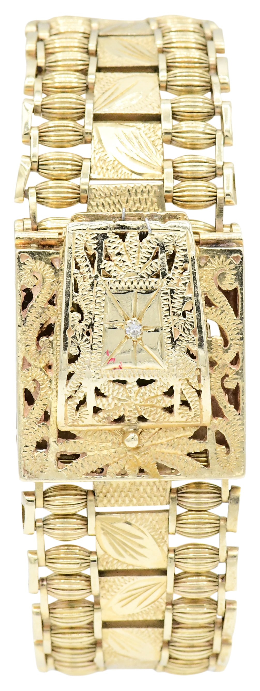 Whittnauer Watch Co. 14K Yellow Gold & Diamond Bracelet Watch: Whittnauer Watch Co. 14K Yellow Gold & Diamond Bracelet Watch Case: 18 x 15 mm, set with a 0.02 carat single cut diamond Dial: mother of pearl Movement: 17 jewels, unadjusted Bracelet: 14K yellow gold