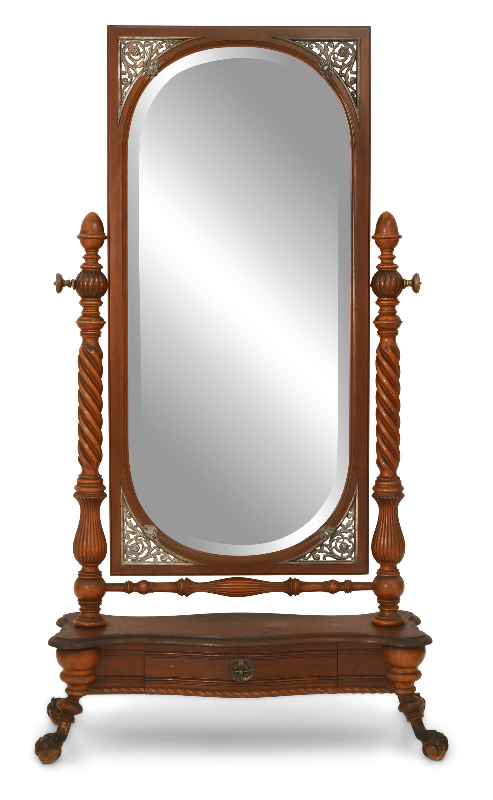 Merklen Brothers Mahogany Cheval Mirror: Merklen Brothers Mahogany Cheval Mirror late 19th century with Solomonic supports and bronze claw feet 75 1/2 x 42 x 17 inches Provenance: Private Collection, Massachusetts