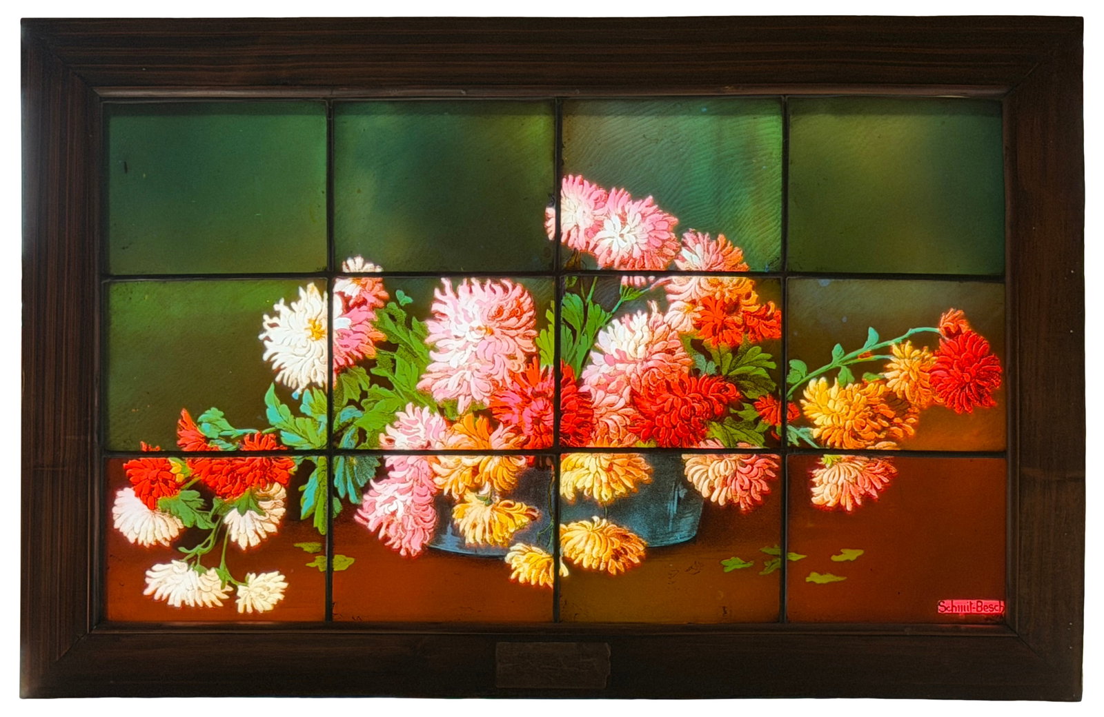 Schmit-Besch Art Nouveau Acid-Etched Glass Floral Window: Schmit-Besch Art Nouveau Acid-Etched Glass Floral Window circa 1900 signed "Schmit-Besch" 23 1/2 x 37 inches (frame) Provenance: Private Collection, Connecticut