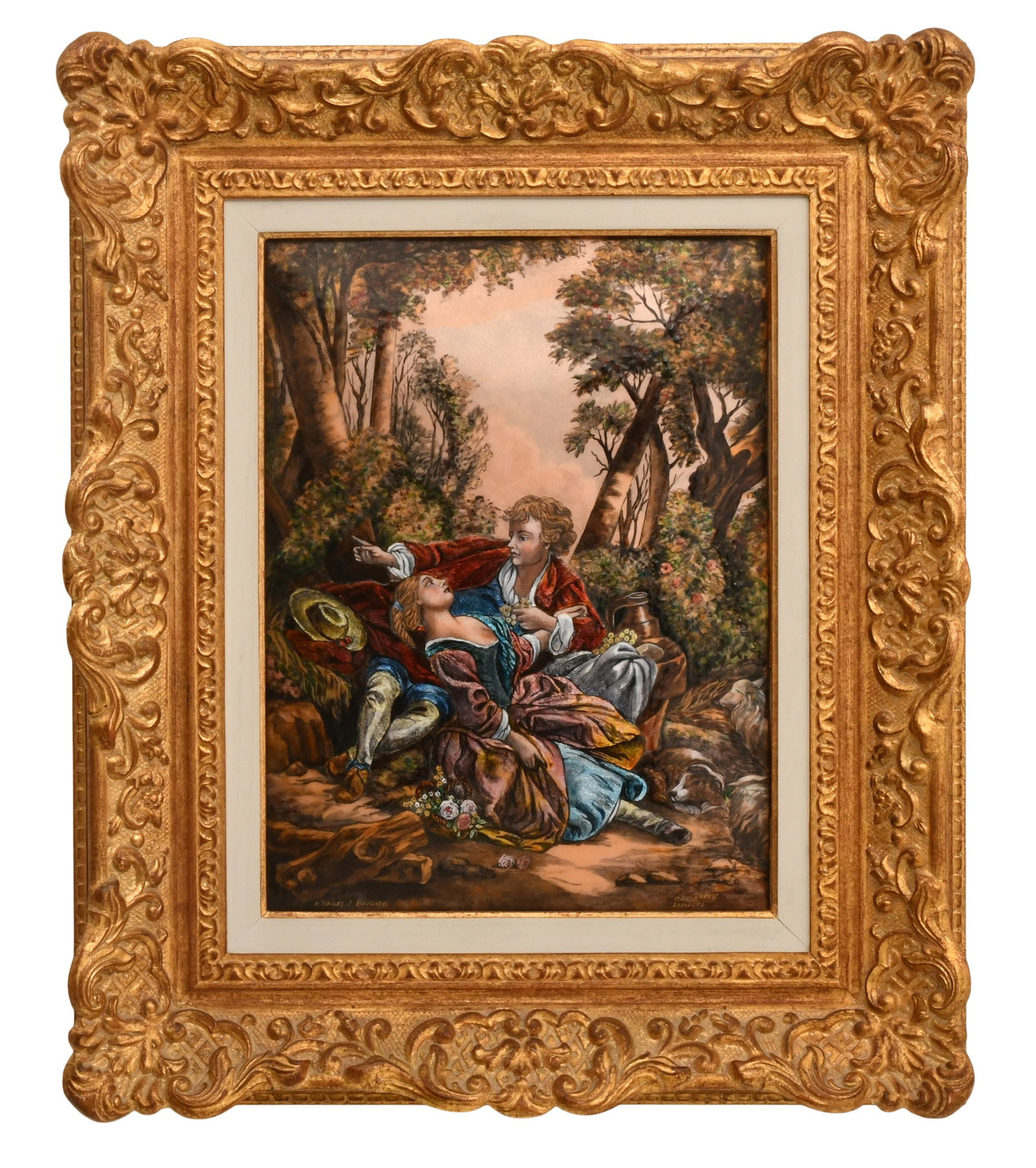A Large Limoges Enameled Figural Plaque: A Large Limoges Enameled Figural Plaque late 19th century marked "P. Bonnet Limoges / D'Apres F. Boucher" 15 1/2 x 11 1/2 inches (sight) 24 1/2 x 20 3/4 inches (frame) Provenance: Private Collection,