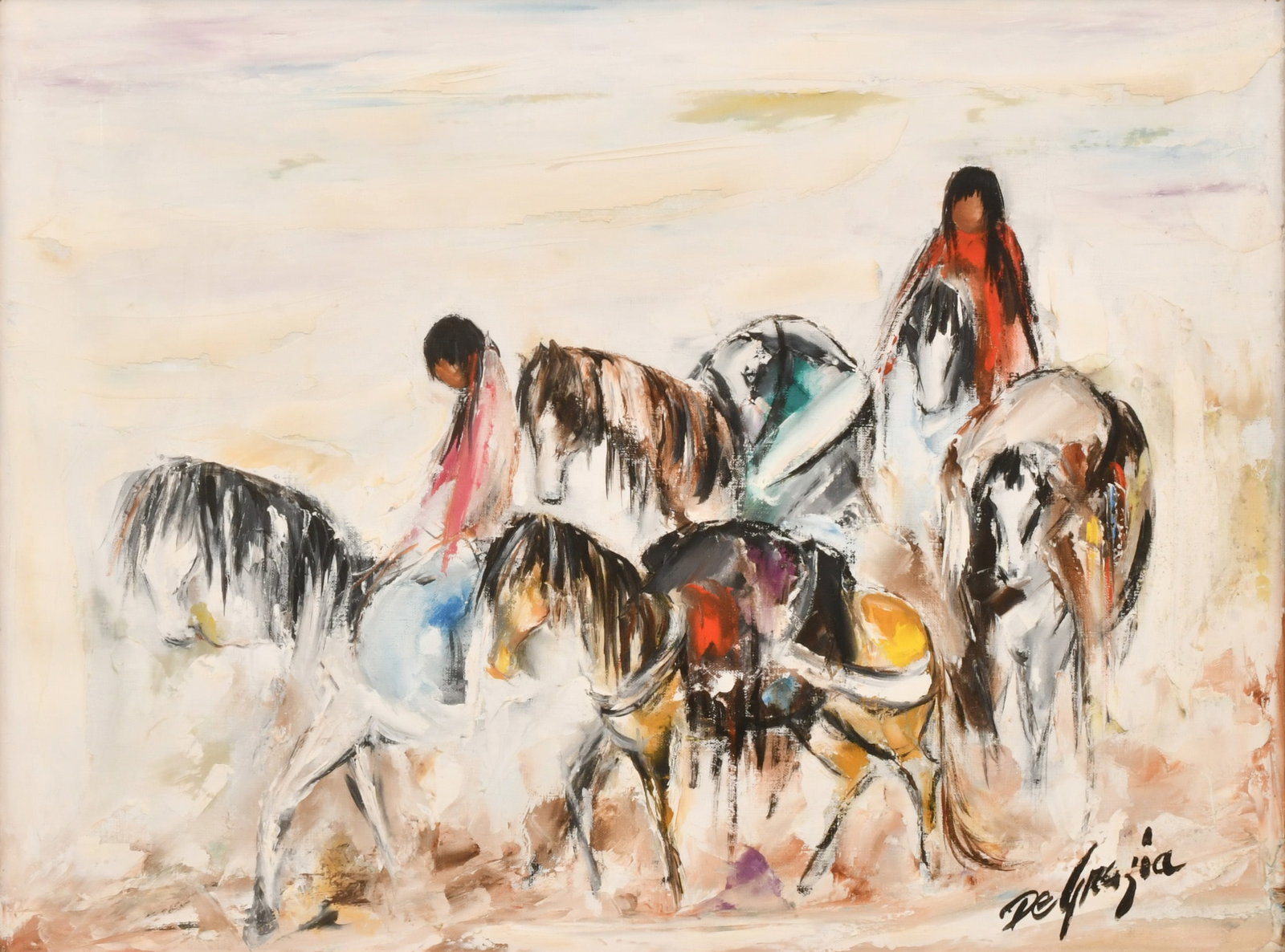 Ted De Grazia (American, 1909-1982), The Juan Galván Story, Tucson, Arizona: Ted De Grazia (American, 1909-1982) The Juan Galván Story, Tucson, Arizona oil on canvas signed "De Grazia" (lower right); and inscribed on verso 18 x 24 inches (canvas) 19 x 25 inches (frame)