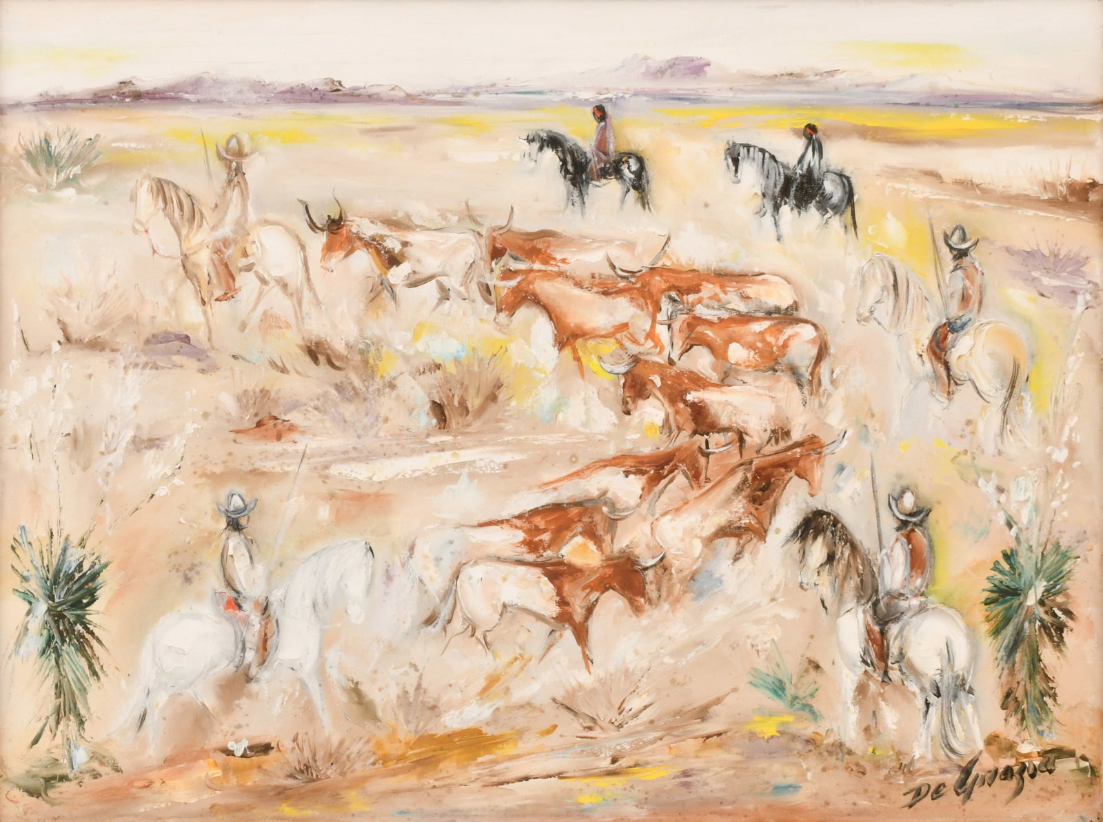 Ted De Grazia (American, 1909-1982), The Juan Galván Story, Tucson, Arizona: Ted De Grazia (American, 1909-1982) The Juan Galván Story, Tucson, Arizona oil on canvas signed "De Grazia" (lower right); and inscribed on verso 18 x 24 inches (canvas) 19 x 24 inches (frame)