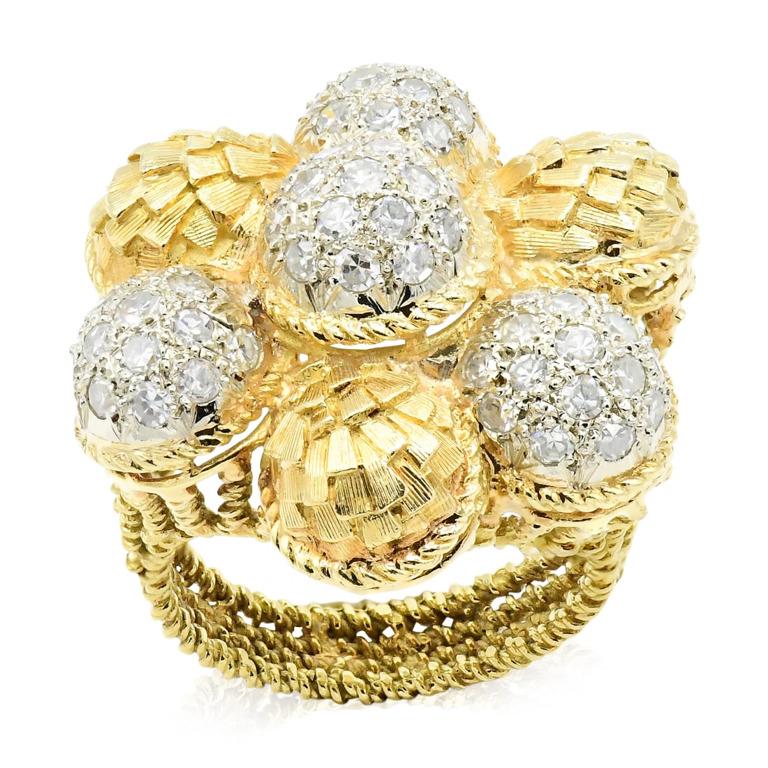 18K Yellow Gold & Diamond Italian Cocktail Ring: 18K Yellow Gold & Diamond Italian Cocktail Ring • set with single cut diamonds weighing a total of 1.49 carats • 6 1/2 (ring size) • 9.6 dwt (total weight) Provenance: Private