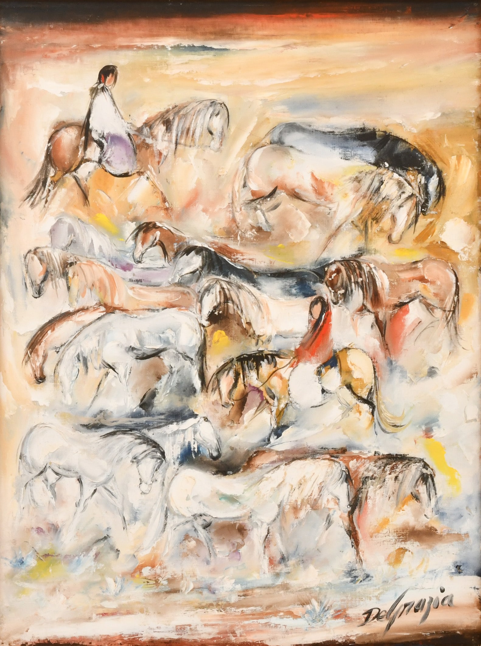 Ted De Grazia (American, 1909-1982), The Juan Galván Story, Tucson, Arizona: Ted De Grazia (American, 1909-1982) The Juan Galván Story, Tucson, Arizona oil on canvas signed "De Grazia" (lower right); and inscribed on verso 24 x 18 inches (canvas) 25 x 19 inches (frame)