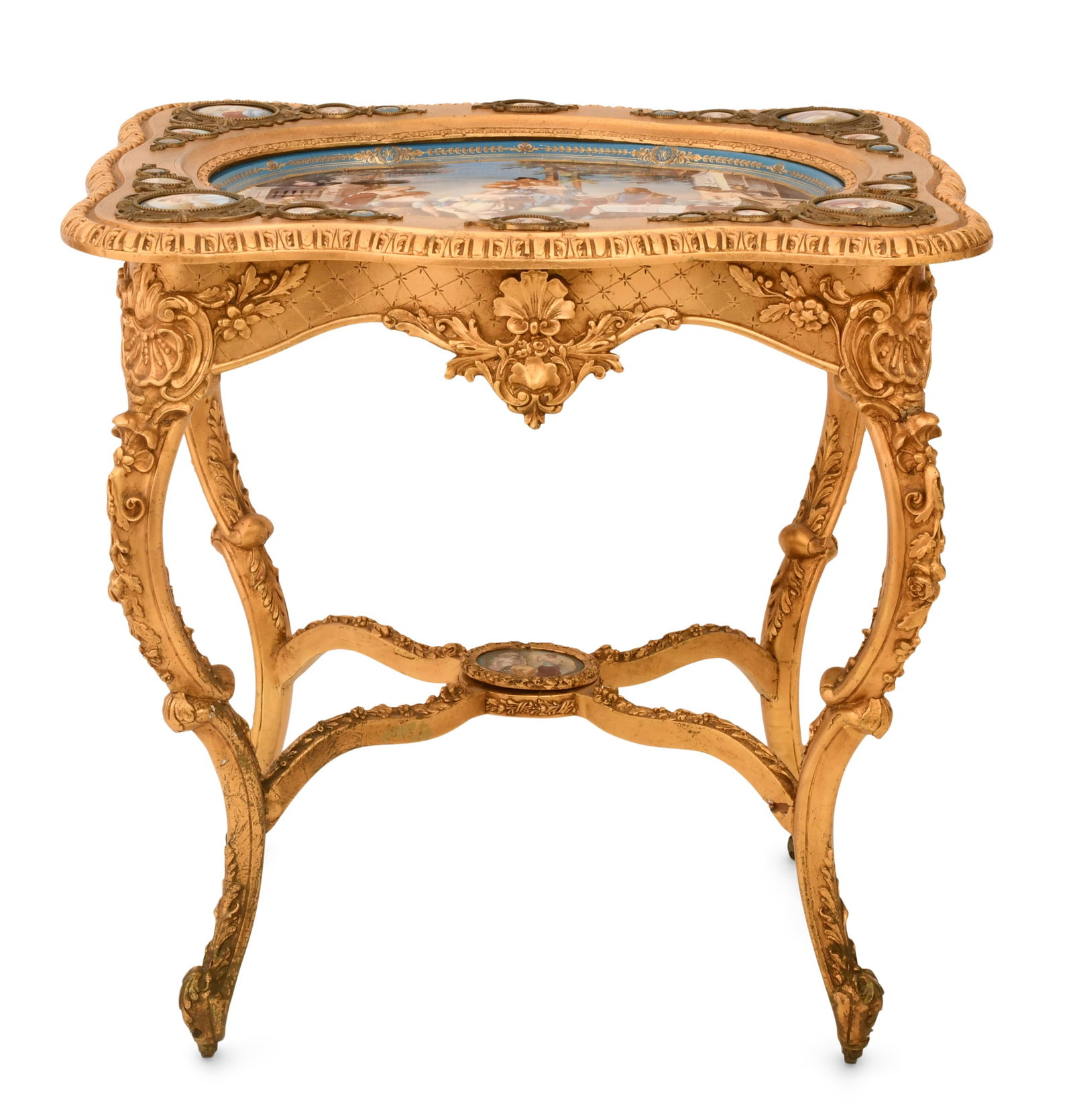 French Carved Giltwood & Royal Vienna Porcelain Center Table: French Carved Giltwood & Royal Vienna Porcelain Center Table late-19th century the large central plaque depicting a classical figural scene, marked "Gastmahl vei Titian (Feast of Titan), Vienna