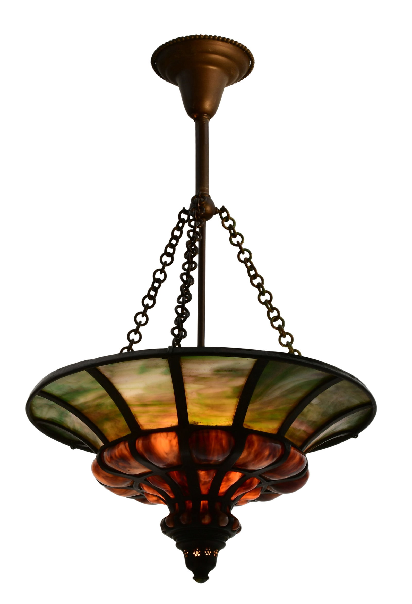 American Leaded Glass & Bronze Chandelier: American Leaded Glass & Bronze Chandelier early 20th century 30 x 18 inches Provenance: Important Private Collection