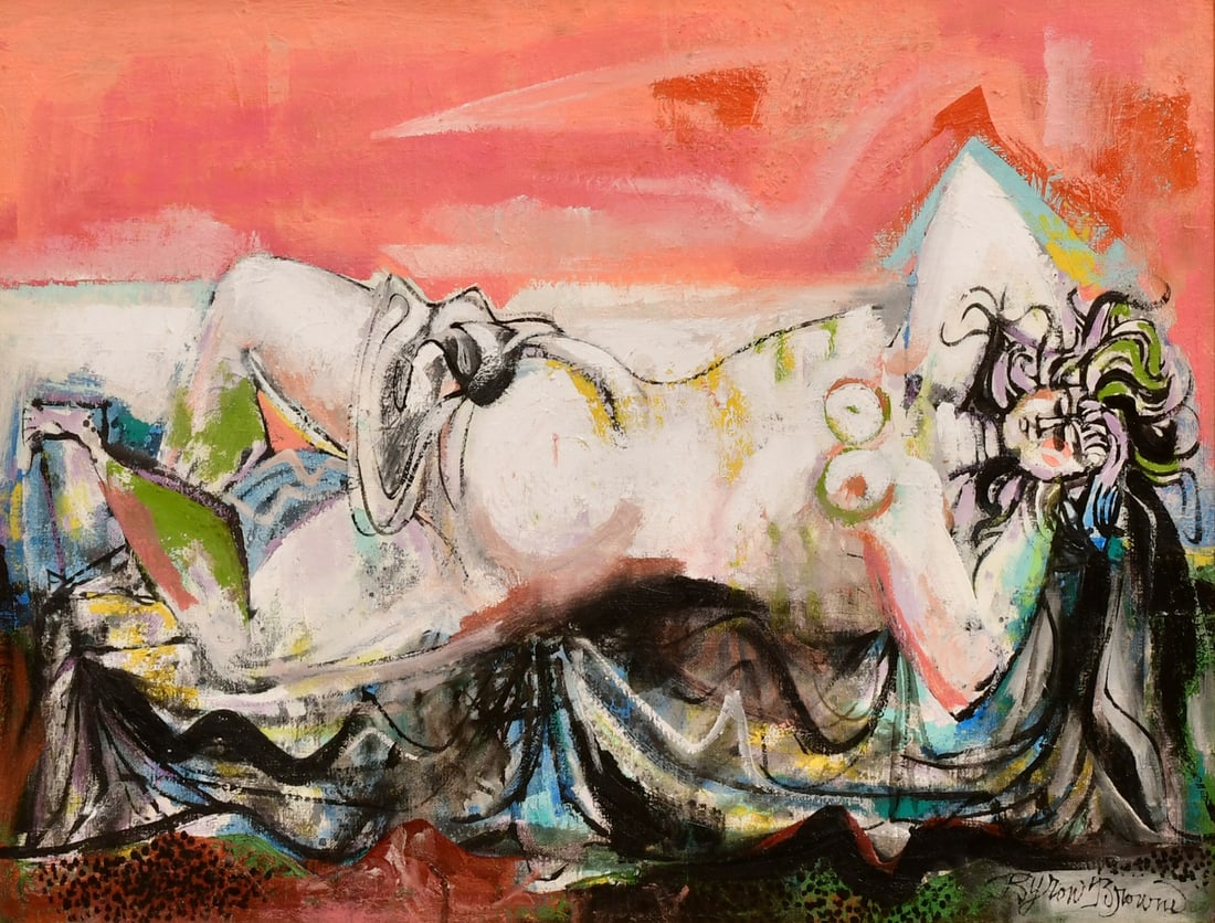 Byron Browne (American, 1907-1961), "Reclining Nude": Byron Browne (American, 1907-1961) "Reclining Nude" oil on canvas signed "Byron Browne" (lower right); and signed, titled, dated and inscribed on verso 20 x 26 inches (canvas) 28 x 34 inches (frame)