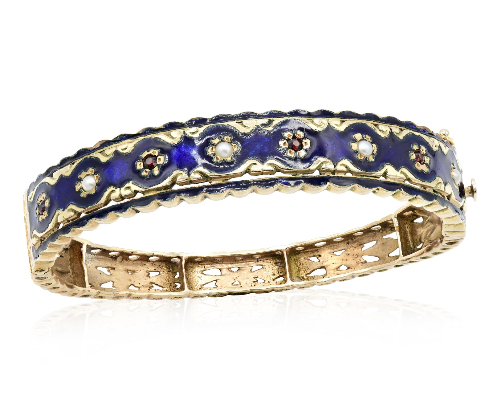 14K Yellow Gold, Blue Enamel, Red Garnet & Pearl Bracelet: 14K Yellow Gold, Blue Enamel, Red Garnet & Pearl Bracelet • 6 1/4 inches (internal circumference) • 2 3/8 x 2 1/8 x 7/16 inches • 17.6 dwt (total weight) Provenance: Important