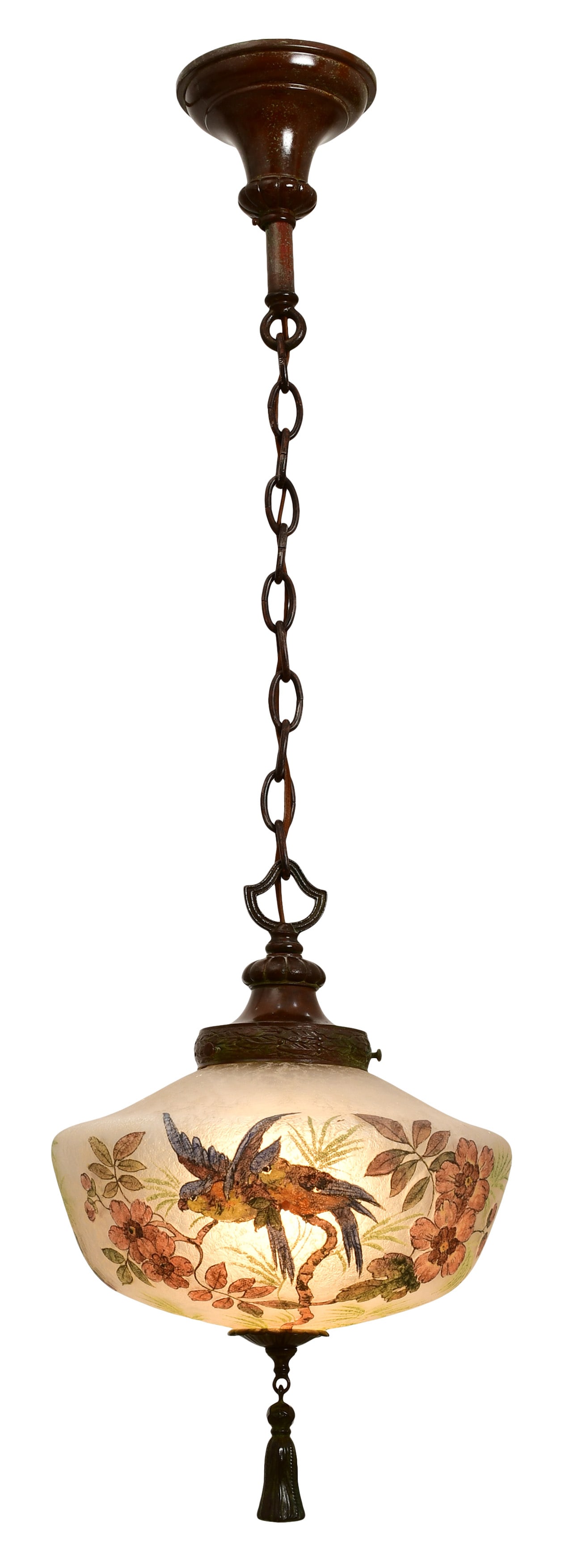 Handel "Double Parrot" Ceiling Light: Handel Company (Connecticut/New York, 1885-1936) "Double Parrot" Ceiling Light early 20th century obverse painted glass, patinated metal marked "Handel6997" 38 x 11 1/2 inches Provenance: Property
