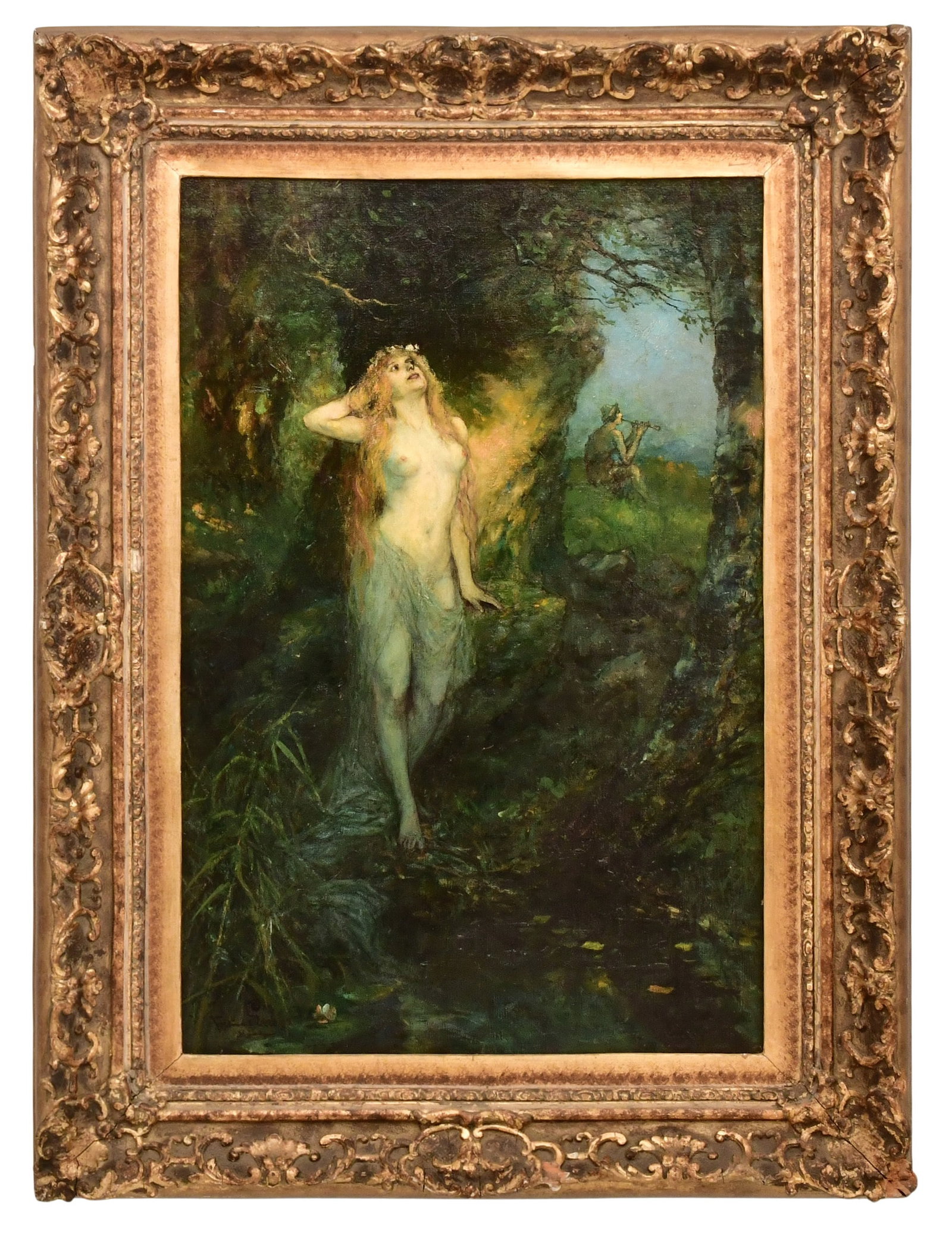 Ferdinand Leeke (German, 1859-1923), Nymph in Woods with Pan: Ferdinand Leeke (German, 1859-1923) Nymph in Woods with Pan oil on canvas signed "Ferdinand Leeke" (lower left) 32 x 22 inches (canvas) 31 x 30 3/4 inches (frame) Provenance: Private Collection, New