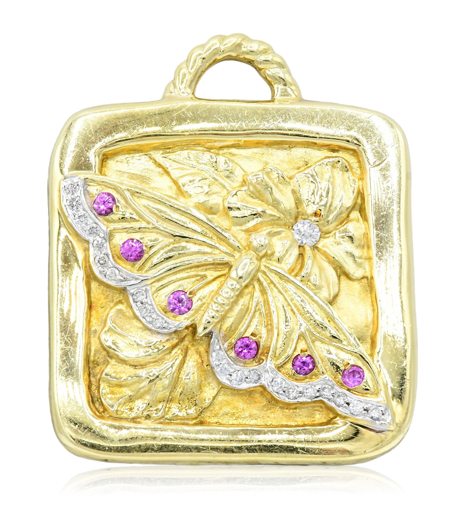 Seidengang 18K Yellow Gold, Diamond & Pink Sapphire Butterfly Pendant: Seidengang 18K Yellow Gold, Diamond & Pink Sapphire Butterfly Pendant • featuring faceted round pink sapphires weighing a total of 0.18 carats • set with a 0.05 carat round brilliant