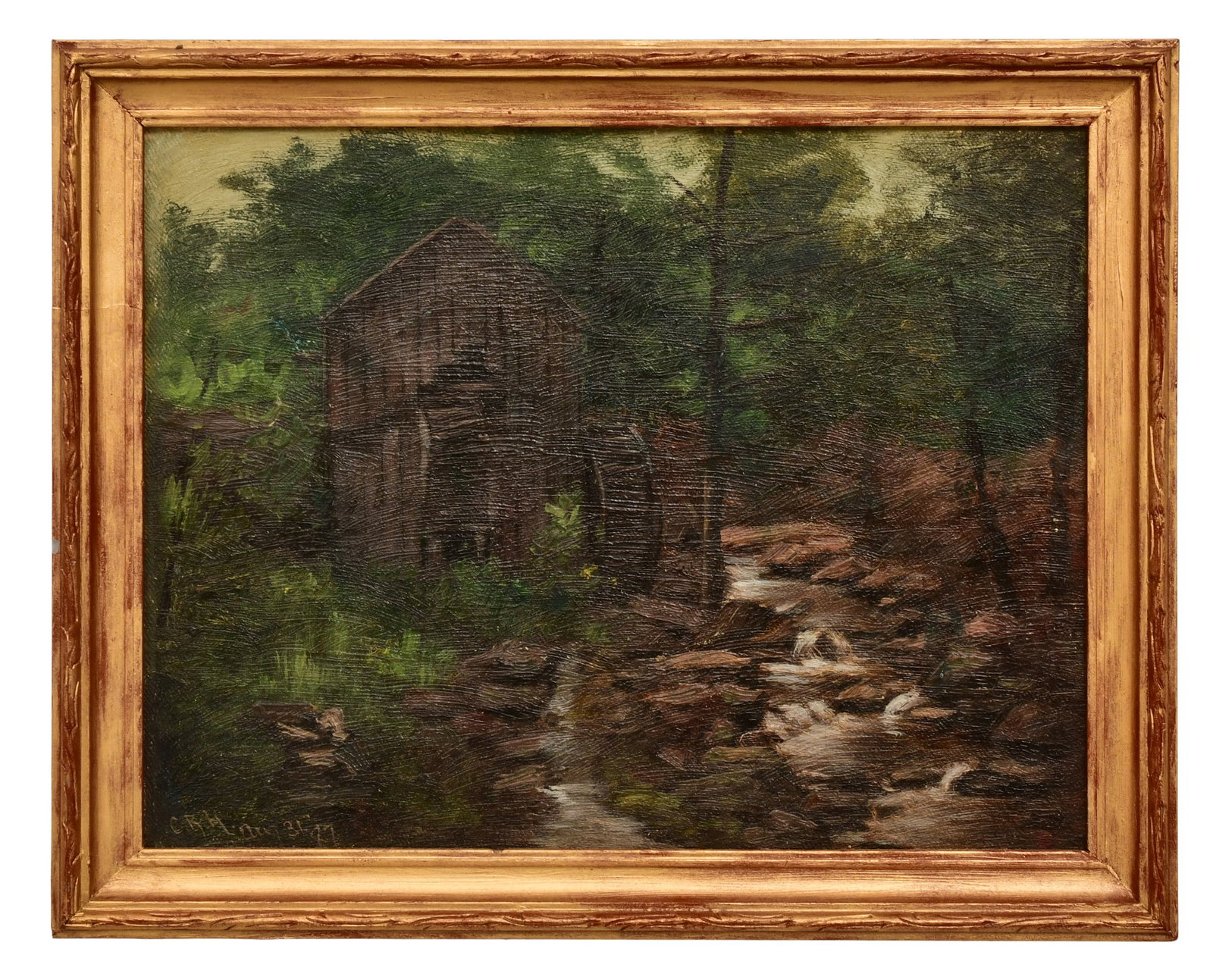 Claude Claudine Raguet Hirst (American, 1855-1942), Mill on the River: Claude Claudine Raguet Hirst (American, 1855-1942) Mill on the River oil on canvas signed and dated lower left; and signed on verso 8 x 10 1/4 inches (canvas) 9 1/2 x 11 3/4 inches (frame)